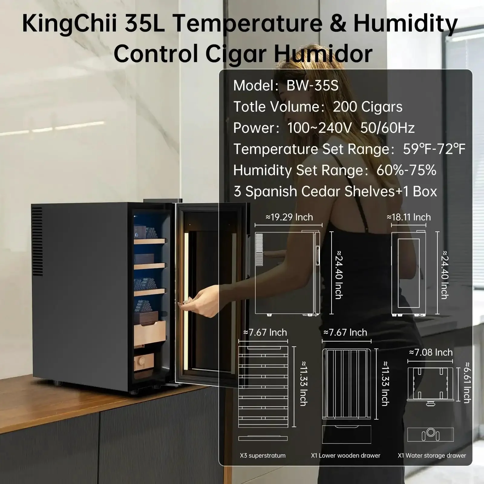 Beast 35L Temperature Humidity Control Cabinet With Humidification, Spanish Cedar Shelves With Hygrometer, Stable 64 To 72 Fahrenheit Temp And 60 To 75 Percent Humidity, Frost Free 360 Degree Air Circulation, Quiet Operation, Fathers Day Gift For Men - Image 2