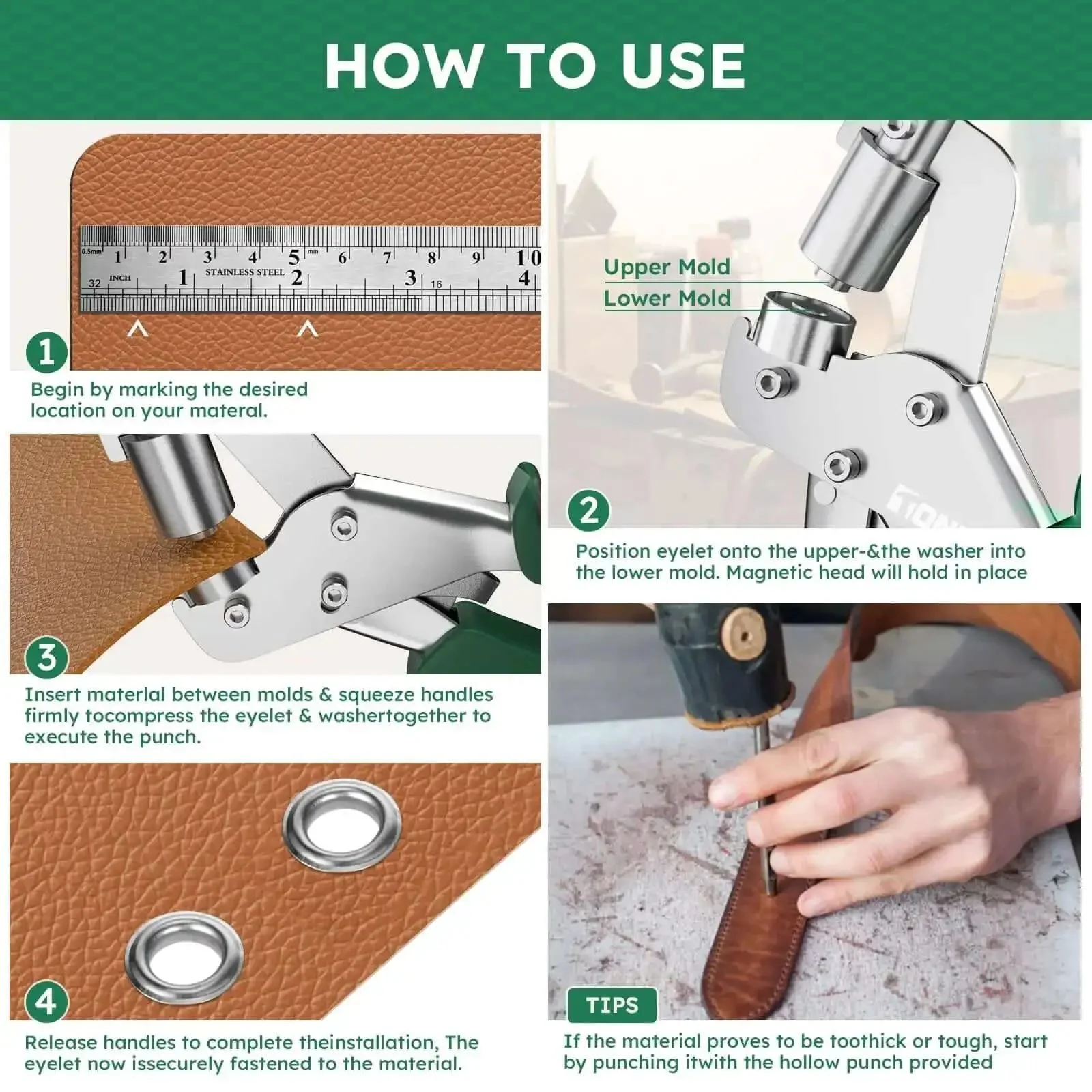 Beast Mode Grommet Tool Kit With 3/8 Inch Eyelets, Heavy Duty Metal Grommet Press For Fabric Leather Tarps DIY Crafts, Includes Hole Cutter Pliers And 300 Pcs 10mm Grommets - Image 4