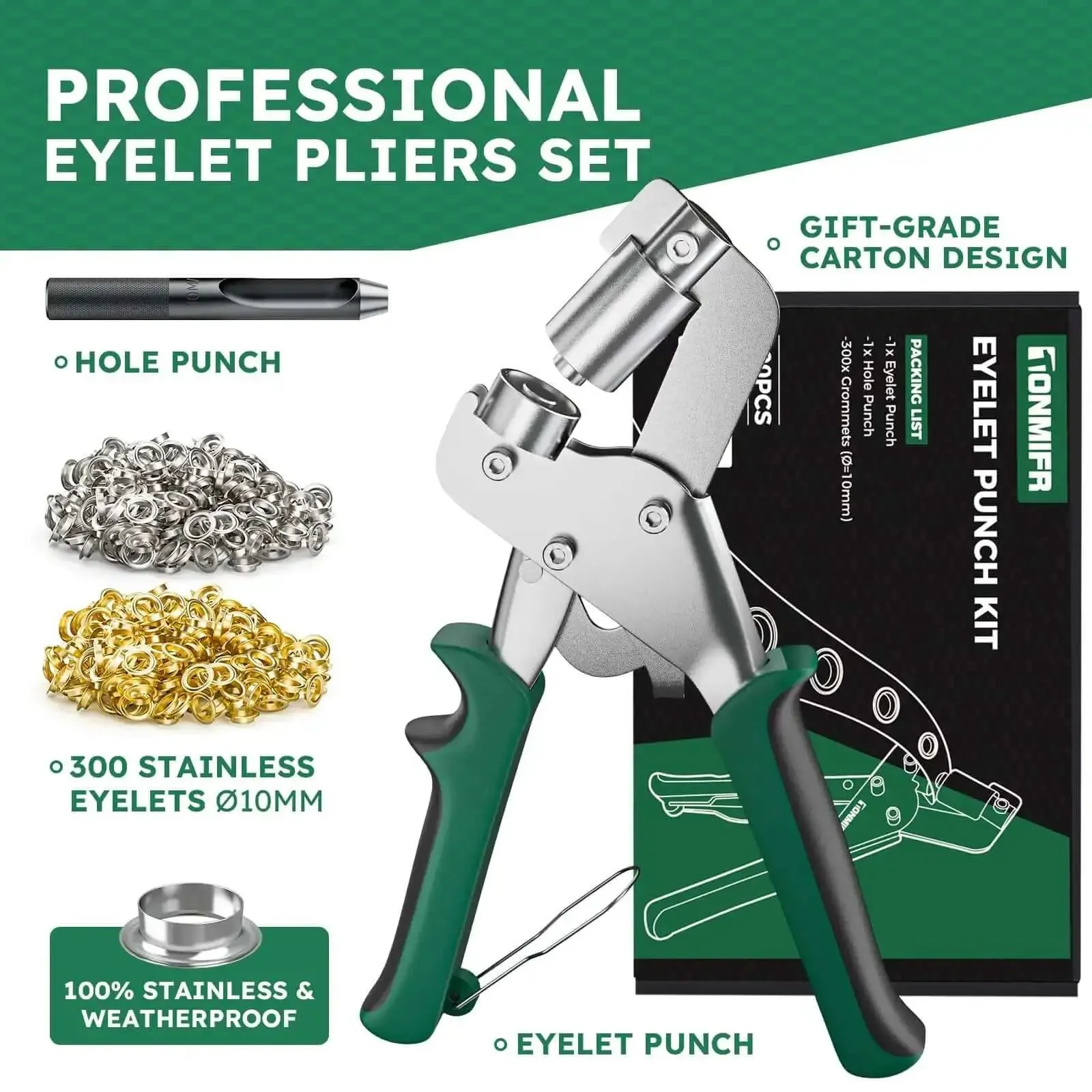 Beast Mode Grommet Tool Kit With 3/8 Inch Eyelets, Heavy Duty Metal Grommet Press For Fabric Leather Tarps DIY Crafts, Includes Hole Cutter Pliers And 300 Pcs 10mm Grommets - Image 7