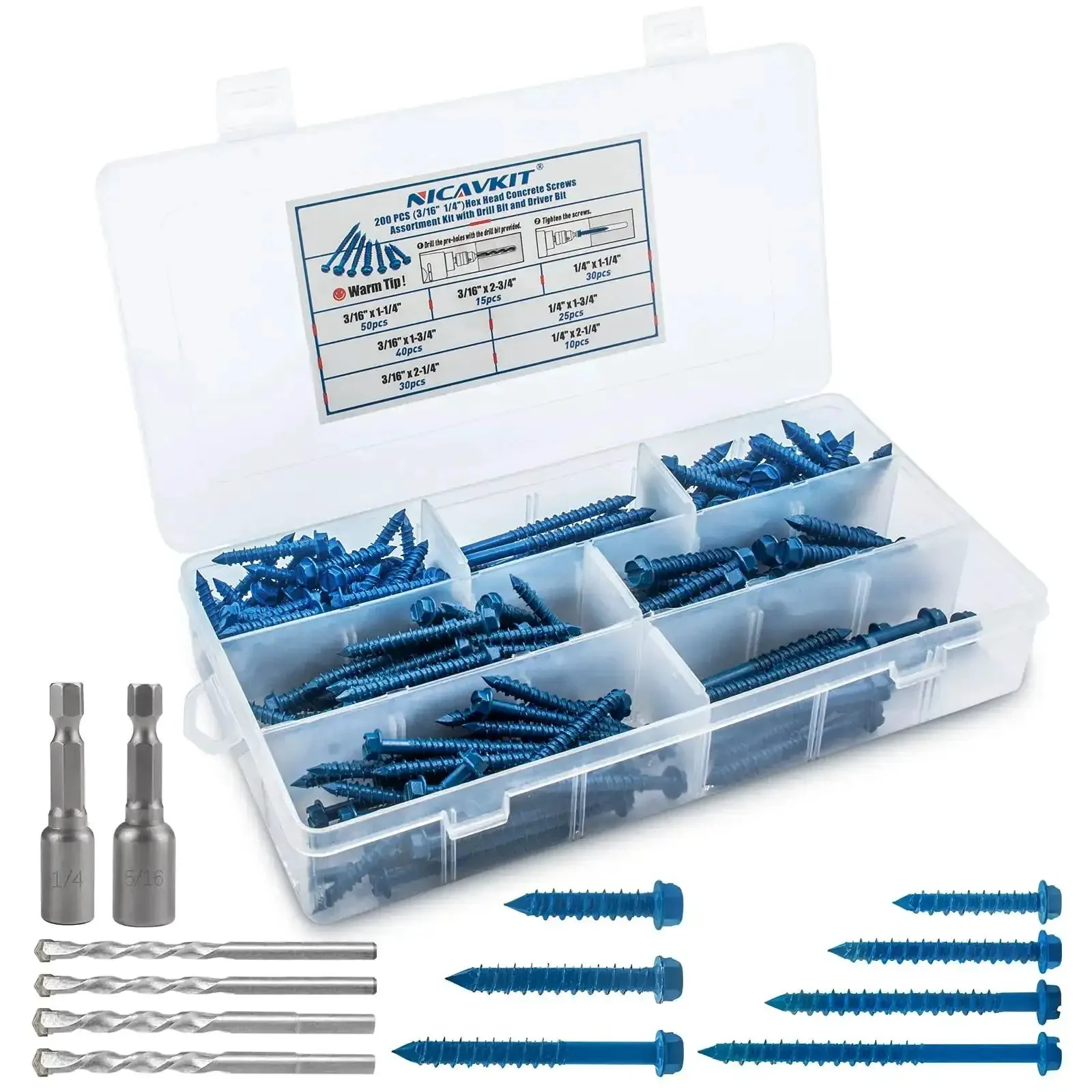 Beefed-Up Concrete Screws Kit With Drill Bits And Driver Bits, 200-Piece Set Of Hex Head Anchors In 7 Sizes For Masonry, Block And Brick, Stucco, Includes 4 Drill Bits And 2 Hex Sockets, Lengths From 1-1/4 To 2-3/4 In