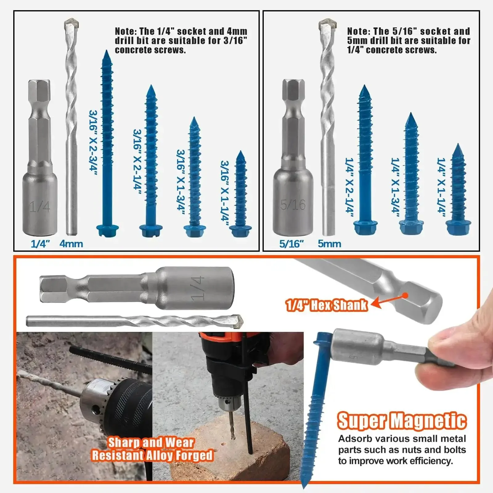 Beefed-Up Concrete Screws Kit With Drill Bits And Driver Bits, 200-Piece Set Of Hex Head Anchors In 7 Sizes For Masonry, Block And Brick, Stucco, Includes 4 Drill Bits And 2 Hex Sockets, Lengths From 1-1/4 To 2-3/4 In - Image 4