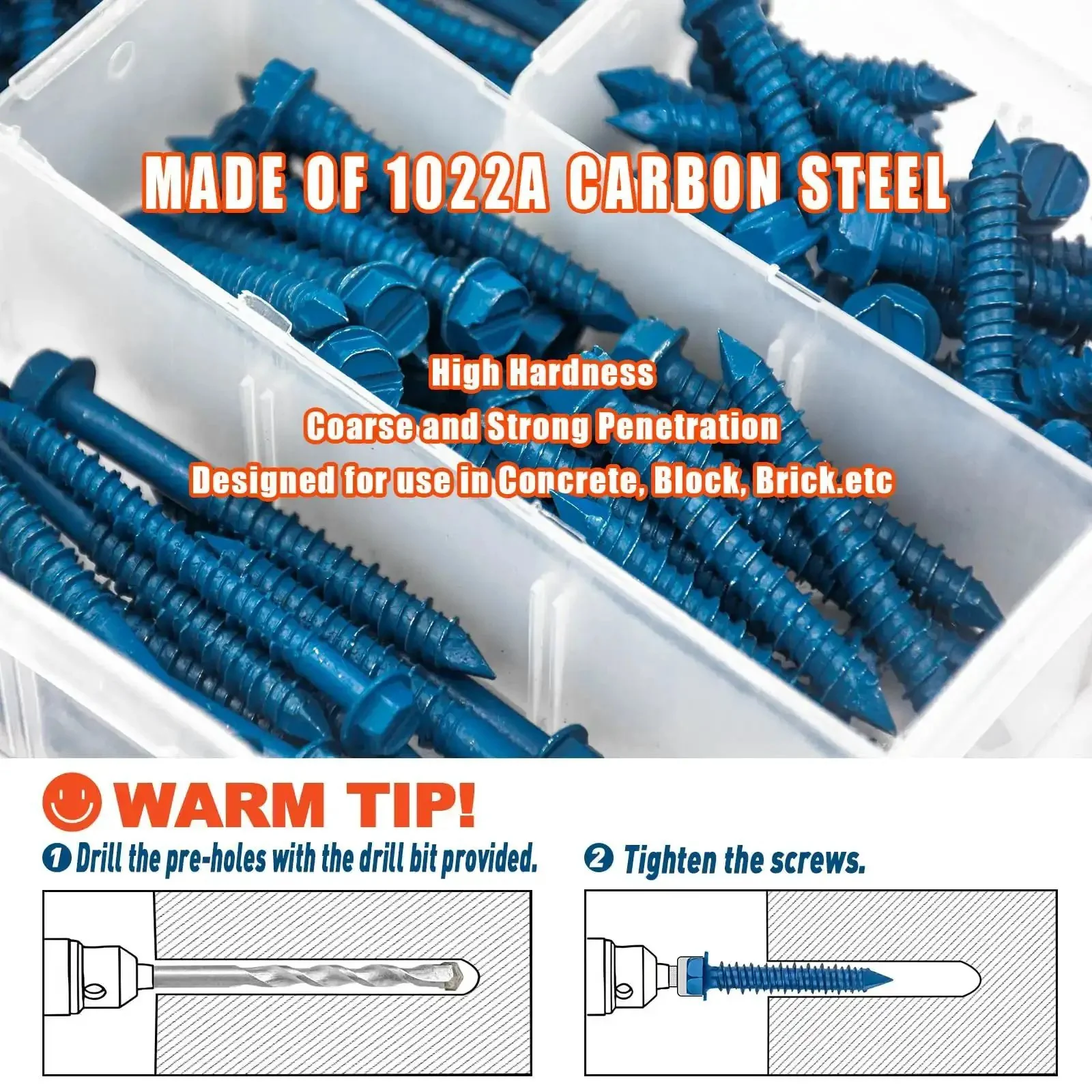 Beefed-Up Concrete Screws Kit With Drill Bits And Driver Bits, 200-Piece Set Of Hex Head Anchors In 7 Sizes For Masonry, Block And Brick, Stucco, Includes 4 Drill Bits And 2 Hex Sockets, Lengths From 1-1/4 To 2-3/4 In - Image 5