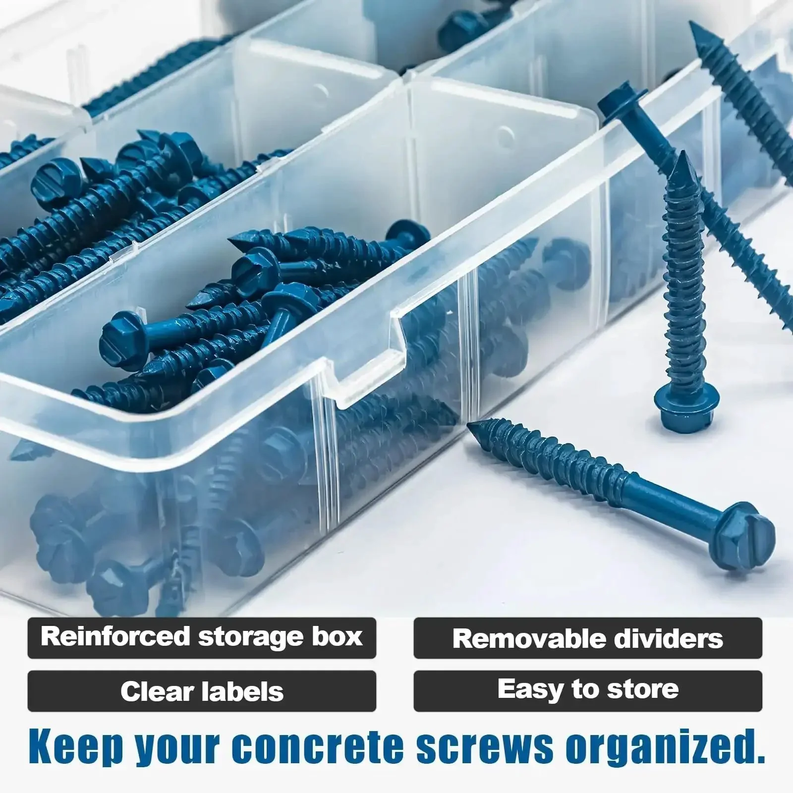 Beefed-Up Concrete Screws Kit With Drill Bits And Driver Bits, 200-Piece Set Of Hex Head Anchors In 7 Sizes For Masonry, Block And Brick, Stucco, Includes 4 Drill Bits And 2 Hex Sockets, Lengths From 1-1/4 To 2-3/4 In - Image 6