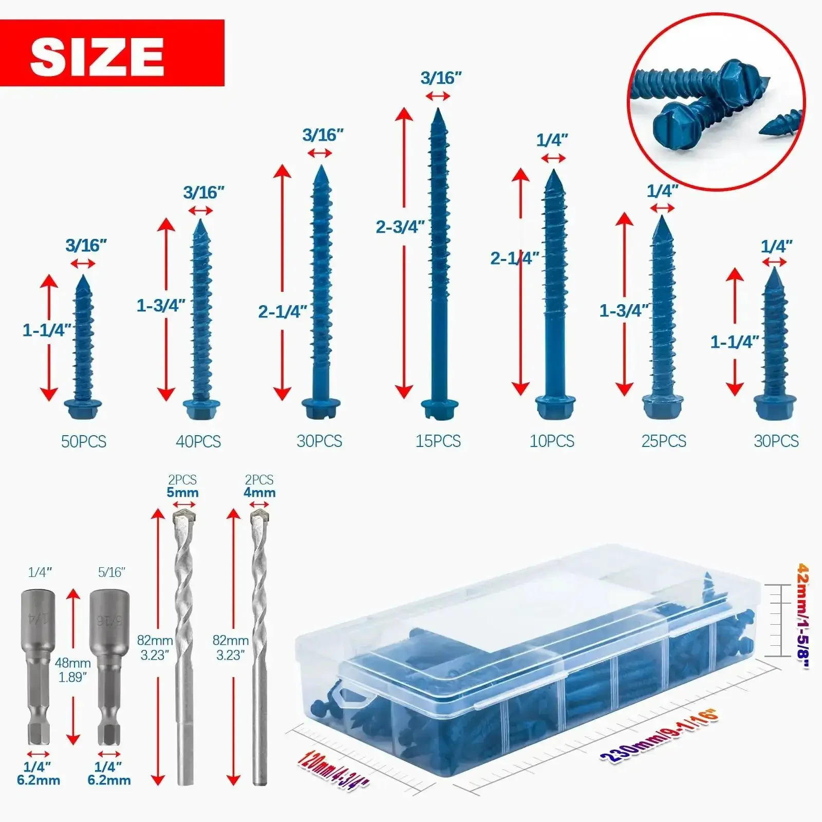 Beefed-Up Concrete Screws Kit With Drill Bits And Driver Bits, 200-Piece Set Of Hex Head Anchors In 7 Sizes For Masonry, Block And Brick, Stucco, Includes 4 Drill Bits And 2 Hex Sockets, Lengths From 1-1/4 To 2-3/4 In - Image 8