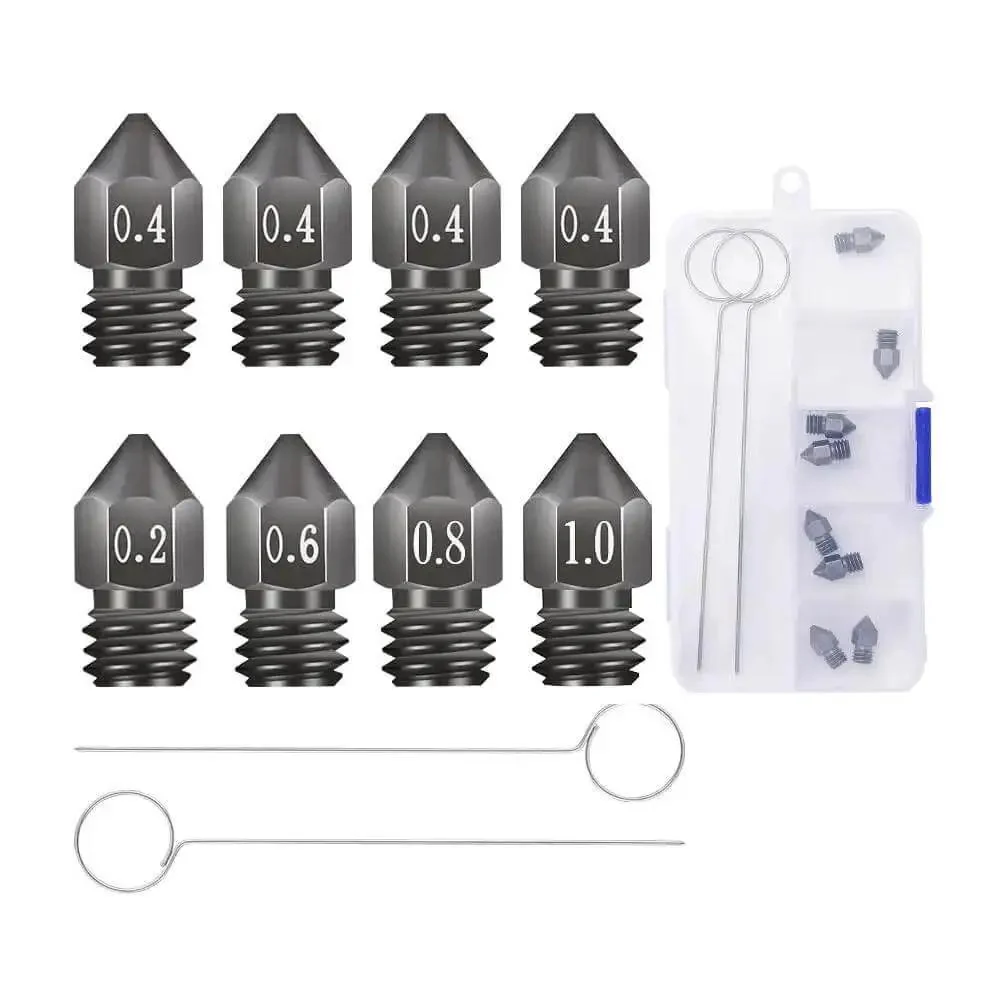 Beefed Up Hardened Steel MK8 3D Printer Nozzles Set With Storage Box And Handy Tools, 0.2mm 0.4mm 0.6mm 0.8mm 1.0mm, Upgraded Metal Extruder Nozzles For Creality Ender 3 Ender 5 CR10 Sovol SV06