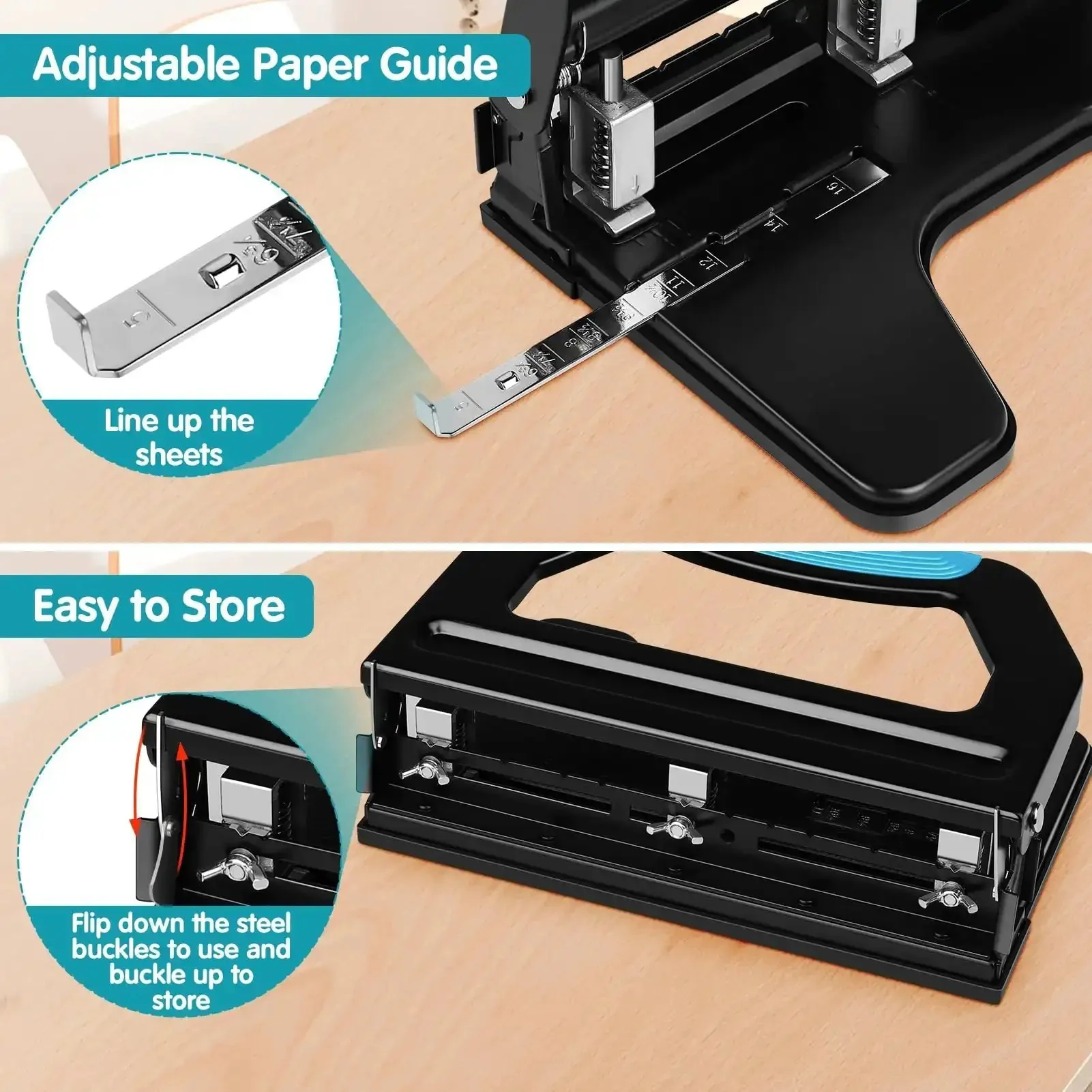 Beefed Up Heavy Duty 3 Hole Puncher For Binders With 9 By 32 Inch Holes, 50 Sheet Capacity, 50 Percent Less Effort, Adjustable Two And Three Hole Punch, All Metal Construction, Large Chip Tray, Metal Paper Guide, Black - Image 2