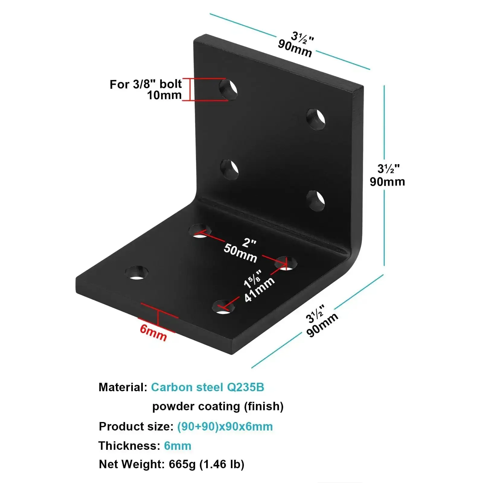 Beefed Up Heavy Duty Steel Corner Brackets Four Pack Three And A Half Inch 90 Degree Mantel Support Brackets One Quarter Inch Thick Black Powder Coated Anti Rust Wear Resistant 300 Lbs Per Bracket - Image 3