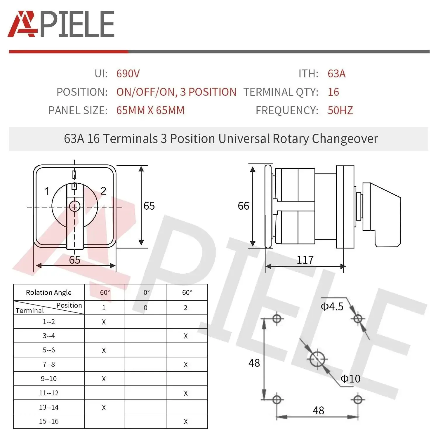 BeefedUp Three Position Latching Changeover Selector Switch 63A 440V, 3 Poles, 16 Terminals, LW28-63/3, Universal Rotary Cam, Panel Mount 64x64mm For Industrial Control Panels And Motor Circuits - Image 7