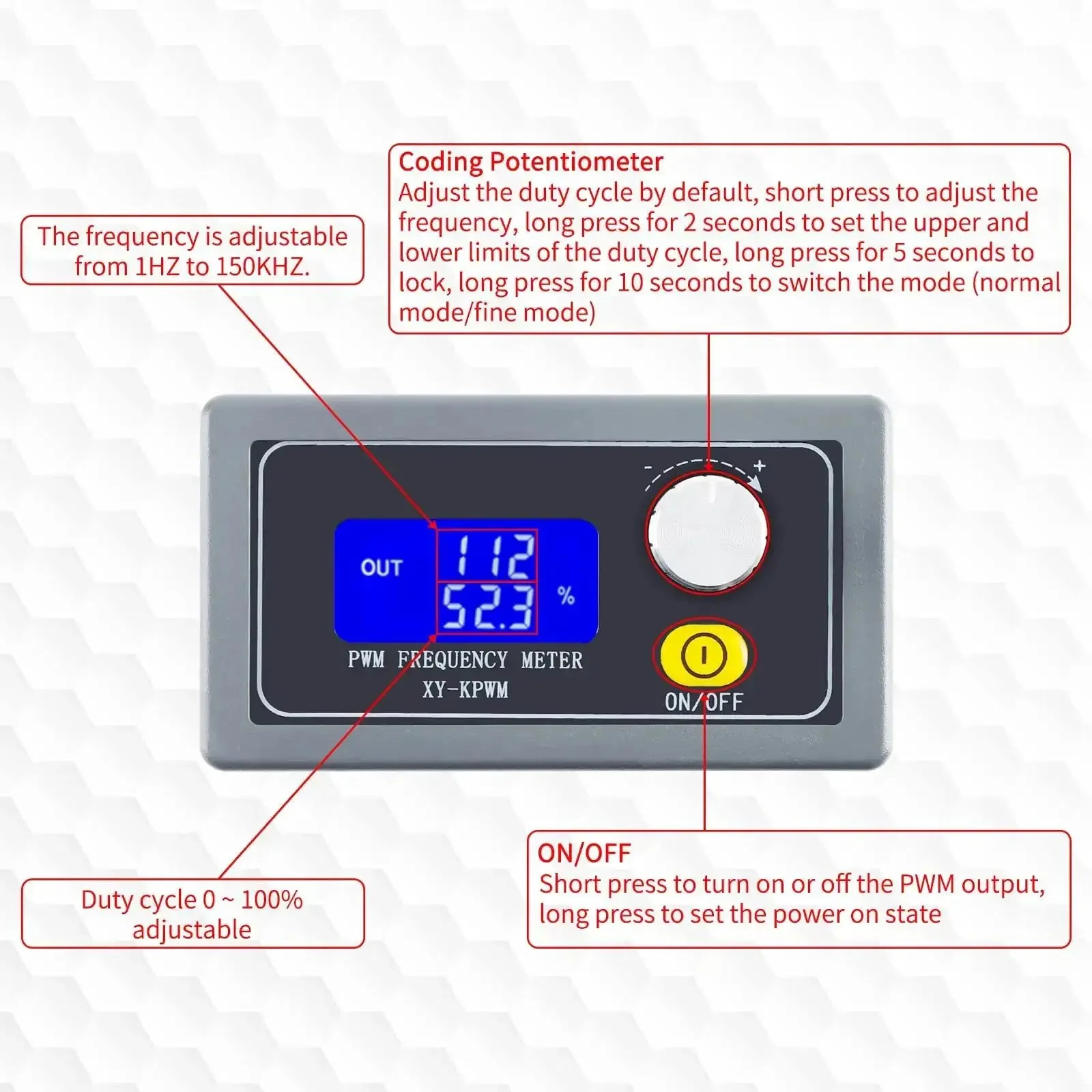 Beefy 1-Channel PWM Signal Generator XY-KPWM Dual Mode From 1Hz To 150kHz With Fine Mode 1Hz-15kHz 0.1% Duty Step LCD Display 3.3-30V Supply 5-30mA Output Compact Pulse Generator Module In Durable Shell - Image 8