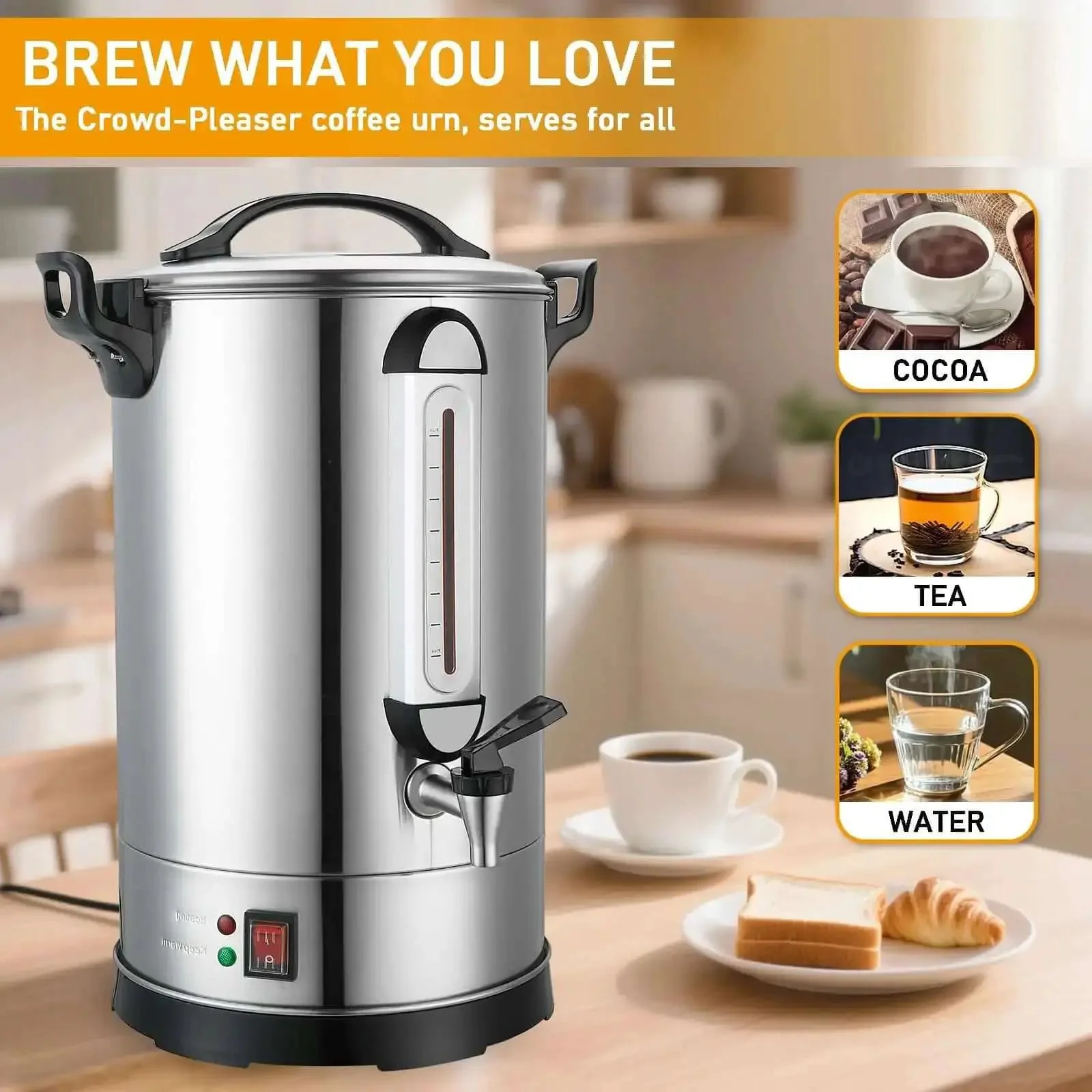 Beefy 100 Cup Commercial Coffee Urn With 1300W Quick Brew Heavy Duty Stainless Steel Double Wall Industrial Electric Percolator Hot Coffee Warmer Tea Water Dispenser For Catering And Church Events - Image 3