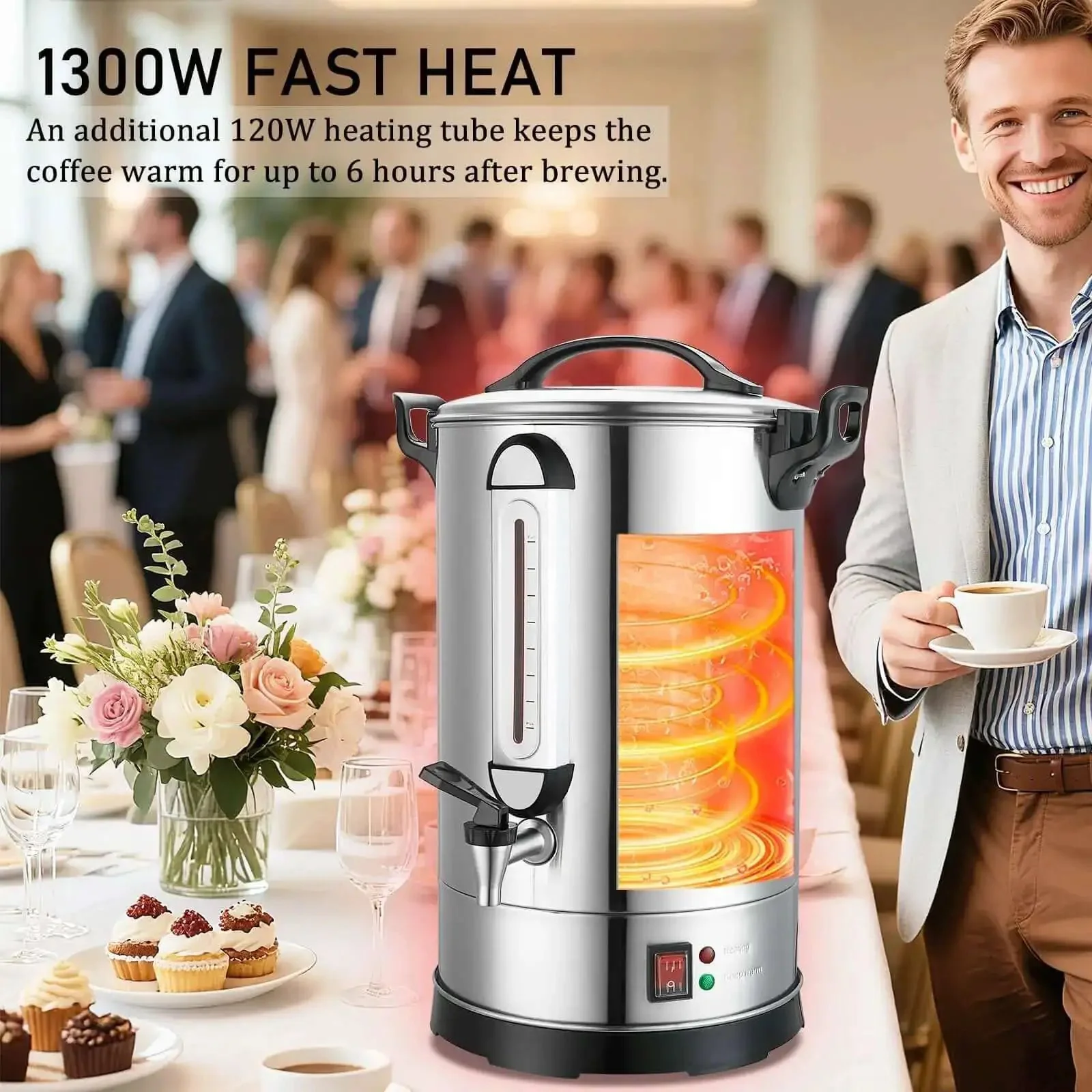 Beefy 100 Cup Commercial Coffee Urn With 1300W Quick Brew Heavy Duty Stainless Steel Double Wall Industrial Electric Percolator Hot Coffee Warmer Tea Water Dispenser For Catering And Church Events - Image 7