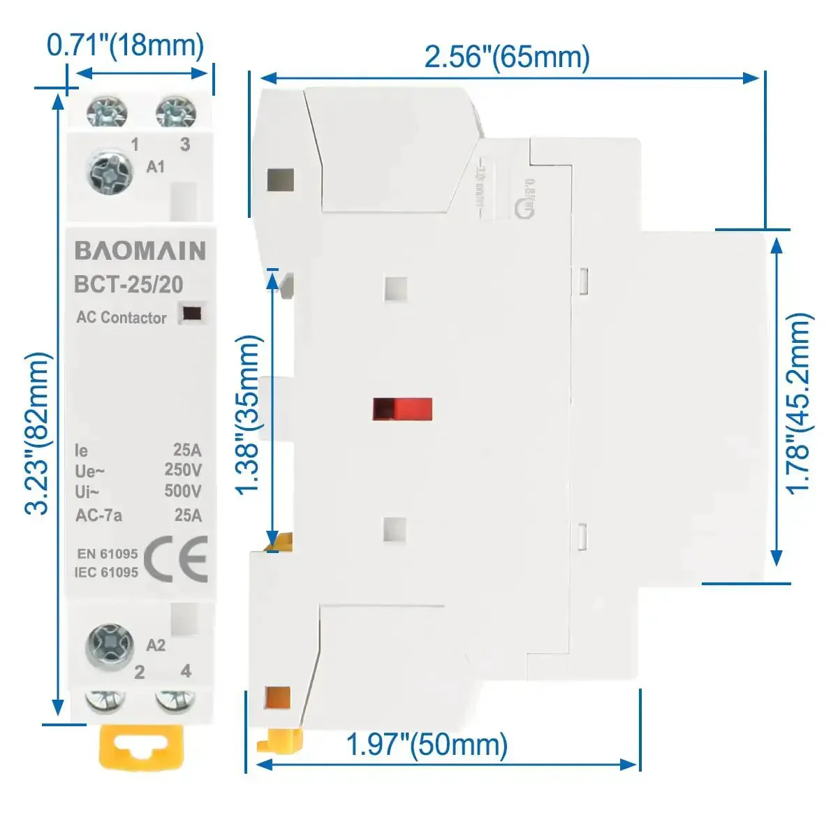 Beefy 110V AC 2 Pole Contactor With 2NO Normally Open Contacts, 25A Rating, Dual Circuit DIN Rail Mount For HVAC, Motors, Pumps And Lighting Control, Model BCT 25 20 110VAC - Image 3
