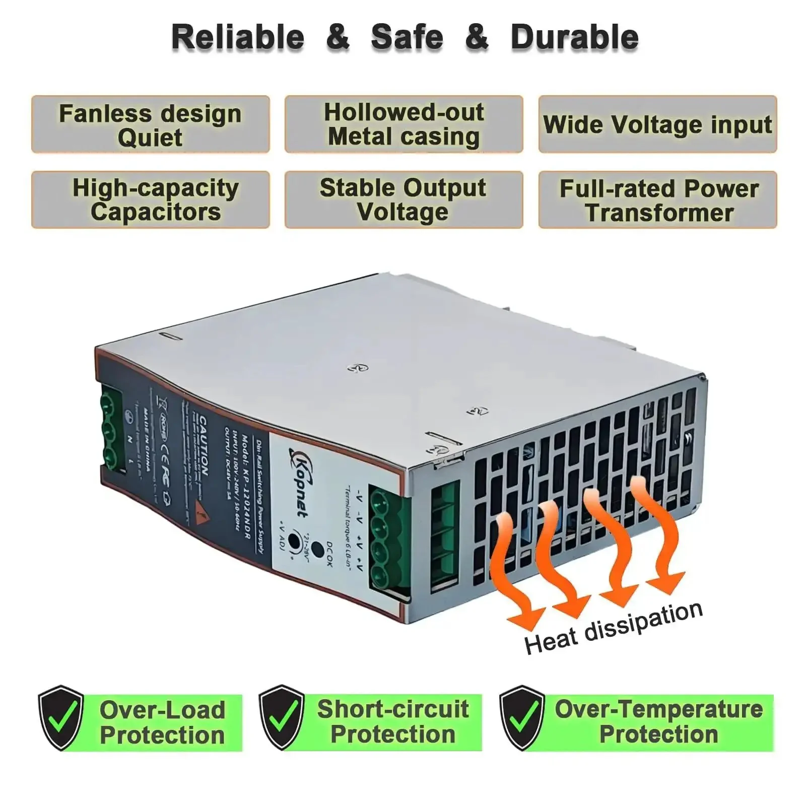 Beefy 120W 24V Din Rail Power Supply With 24V Output, AC To DC Industrial Switching Adapter, 100-240V AC Input, No Fan Cooling, Rugged Temperature Range -20C To 70C, Over Temperature And Short Circuit Protection - Image 5