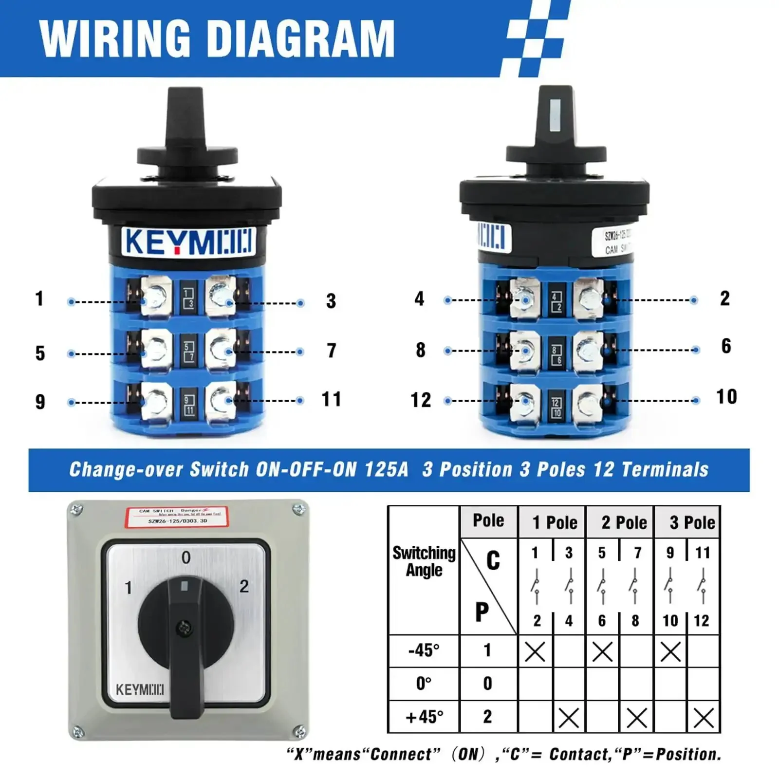 Beefy 125A Rotary Changeover Switch With Master Enclosure Box, 3 Pole 3 Phase, 3-Position On Off On, 2-Way 3NO 3NC, 12 Terminals, 660V, IP65 Outdoor Grade Selector Switch - Image 4