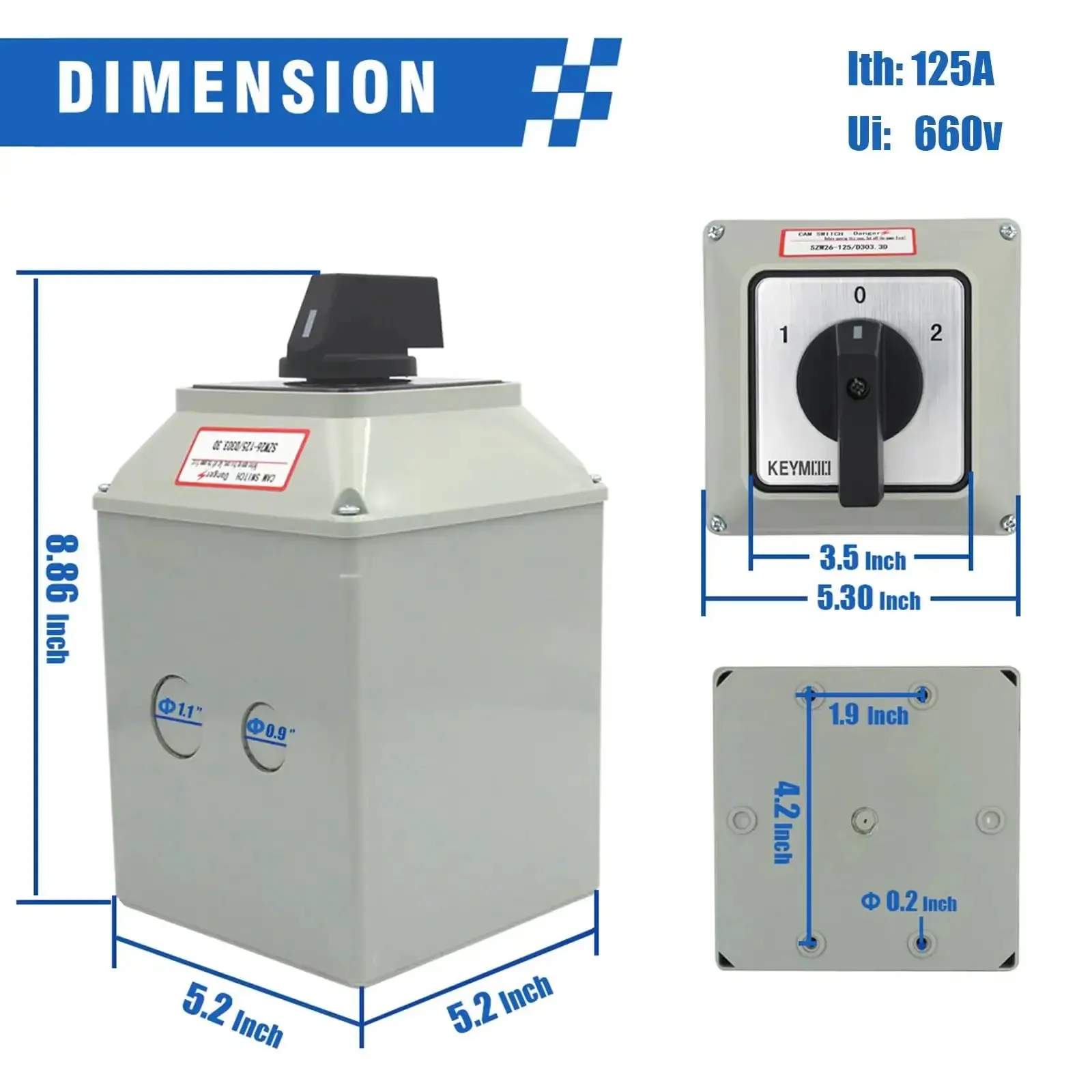 Beefy 125A Rotary Changeover Switch With Master Enclosure Box, 3 Pole 3 Phase, 3-Position On Off On, 2-Way 3NO 3NC, 12 Terminals, 660V, IP65 Outdoor Grade Selector Switch - Image 7