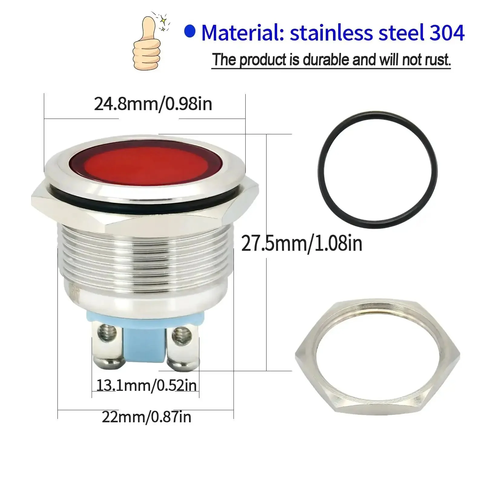 Beefy 12V Indicator Light IP67 Waterproof 22mm Mounting Hole Stainless Steel 304 Heavy Duty Signal Lamp LED Red And Green DC To AC 12 To 24V Pack Of 2 Screw Terminal Easy Install 20mA Current Draw Ideal For Control Panels - Image 5