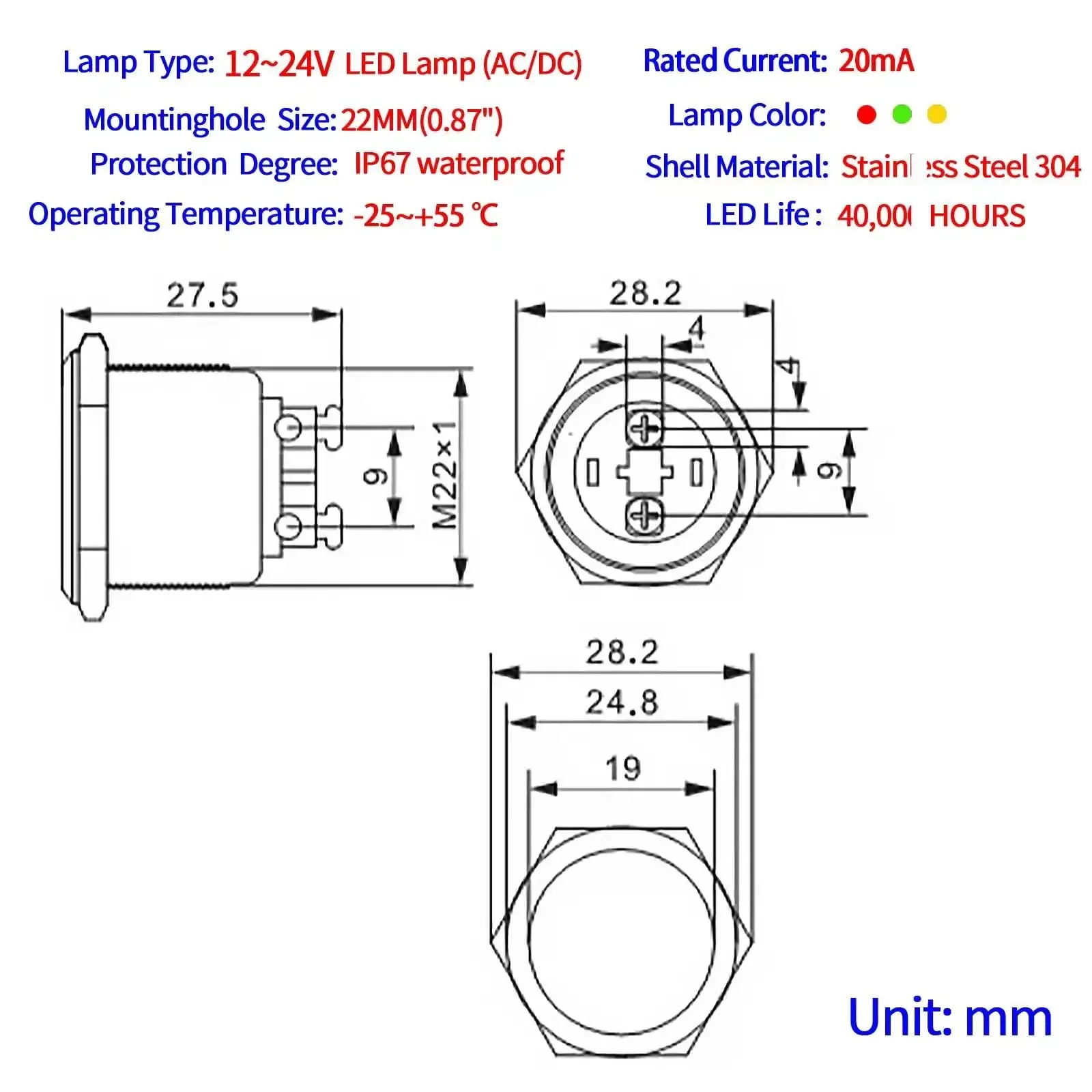 Beefy 12V Indicator Light IP67 Waterproof 22mm Mounting Hole Stainless Steel 304 Heavy Duty Signal Lamp LED Red And Green DC To AC 12 To 24V Pack Of 2 Screw Terminal Easy Install 20mA Current Draw Ideal For Control Panels - Image 6