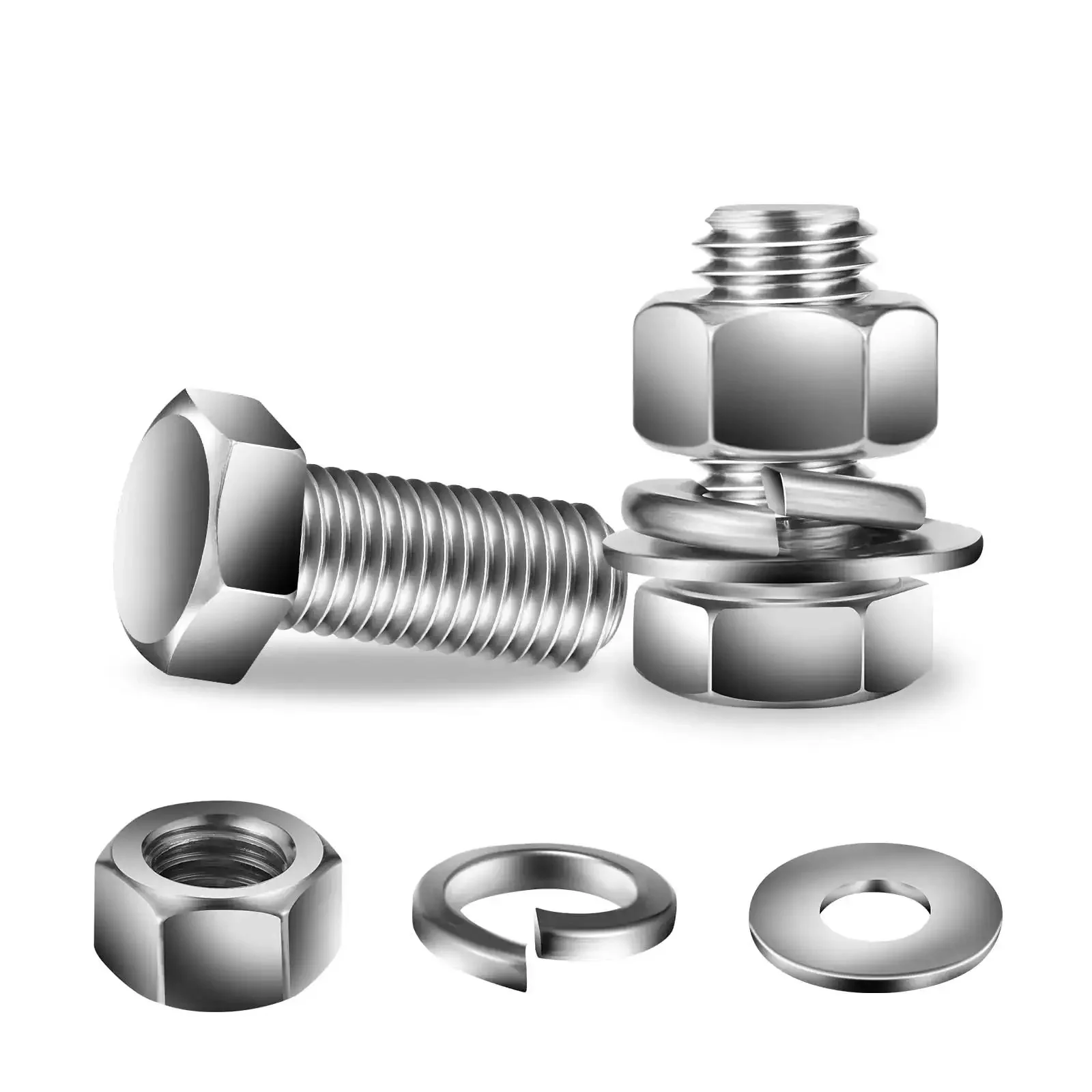 Beefy 1/4-20 Hex Head Bolt Kit With Nuts, Flat And Lock Washers, 20 Pcs, 304 Stainless Steel, Fully Threaded, Heavy Duty Hardware Set For DIY Projects And Home Repairs