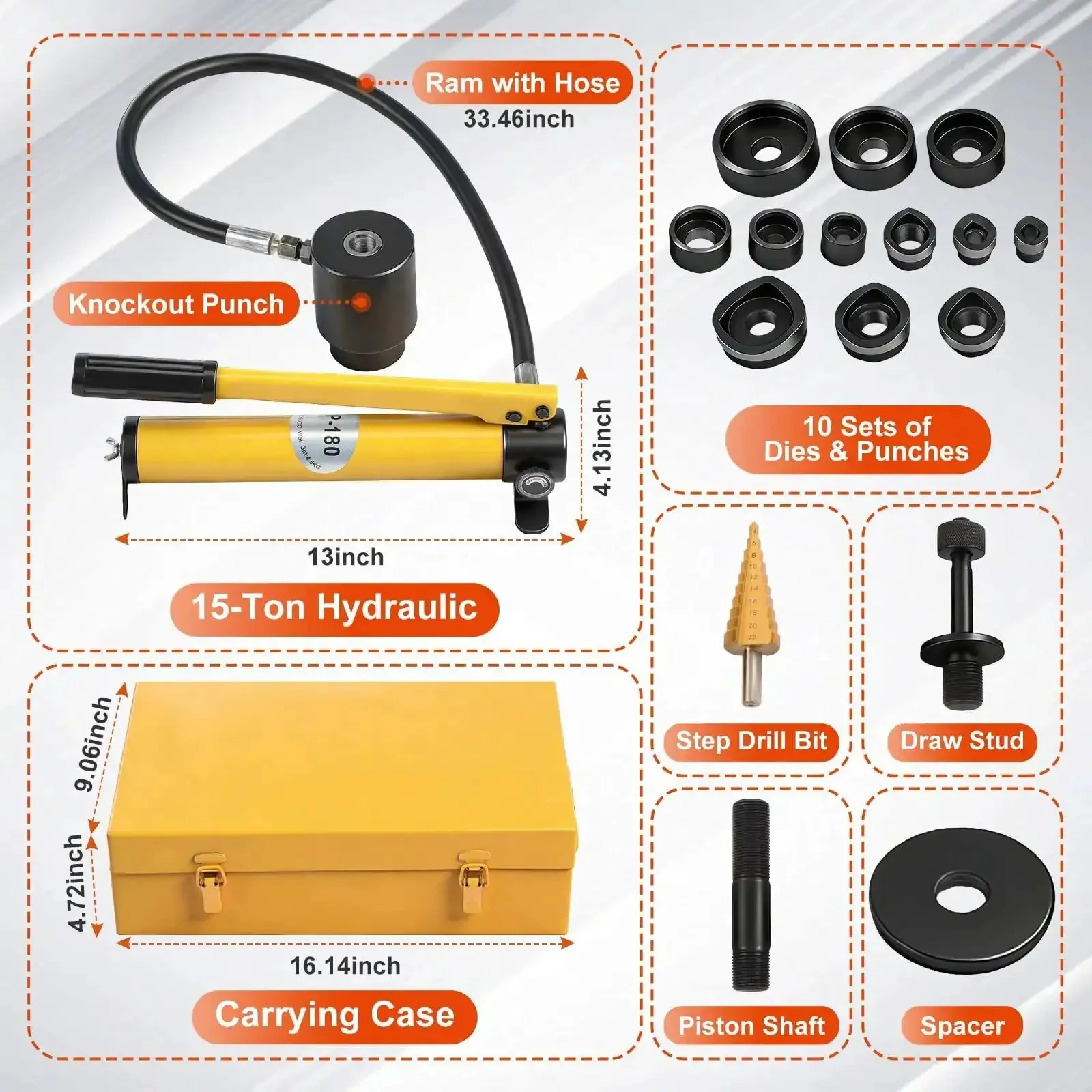 Beefy 15 Ton Hydraulic Knockout Punch Kit With Ten Dies And One Half Inch To Four Inch Conduit Hole Cutter Set, Heavy Duty Punch Tool For Steel, Stainless Steel, Aluminum And Plastic - Image 2