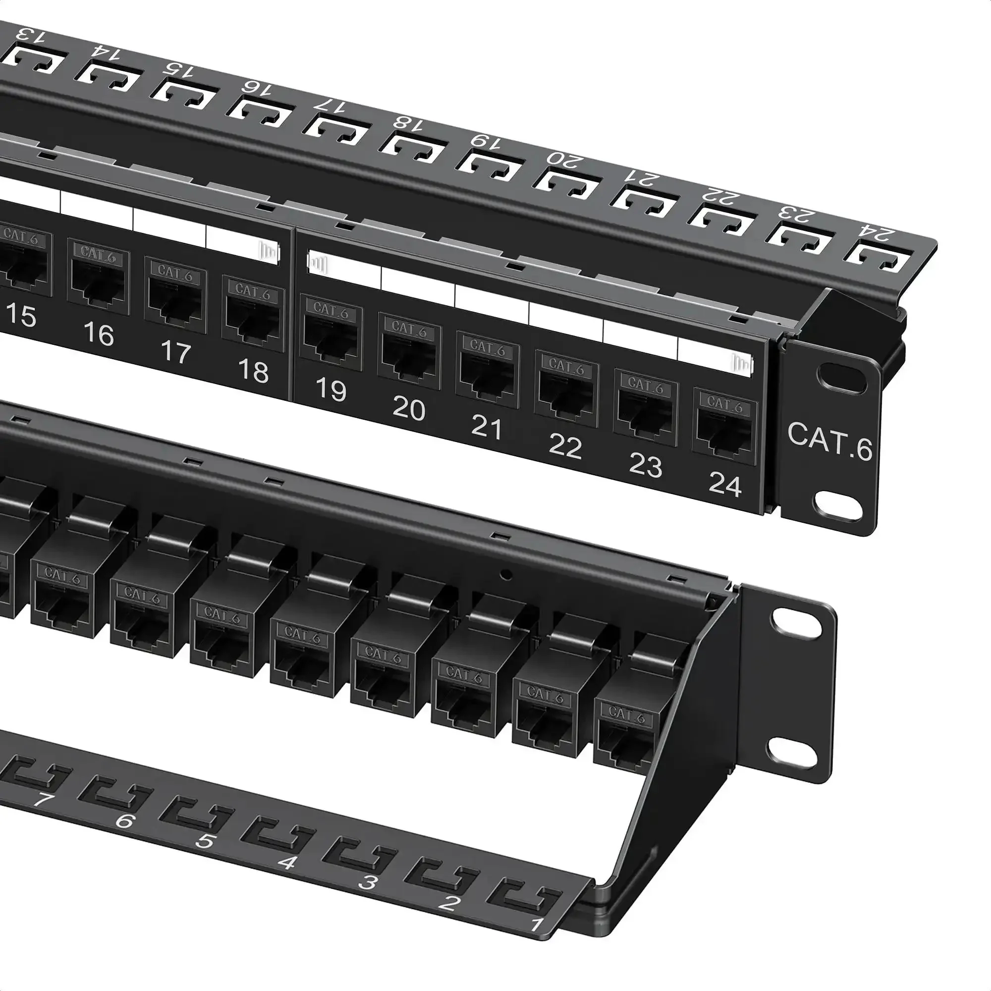 Beefy 1U 24 Port Cat6 Ethernet Patch Panel With Inline Keystone And Cable Management Bar For Rackmount Or Wall Mount, Delivers Up To 10Gbps And PoE Capable For Powering IP Cameras, VoIP Phones, And Switches In Tight Racks