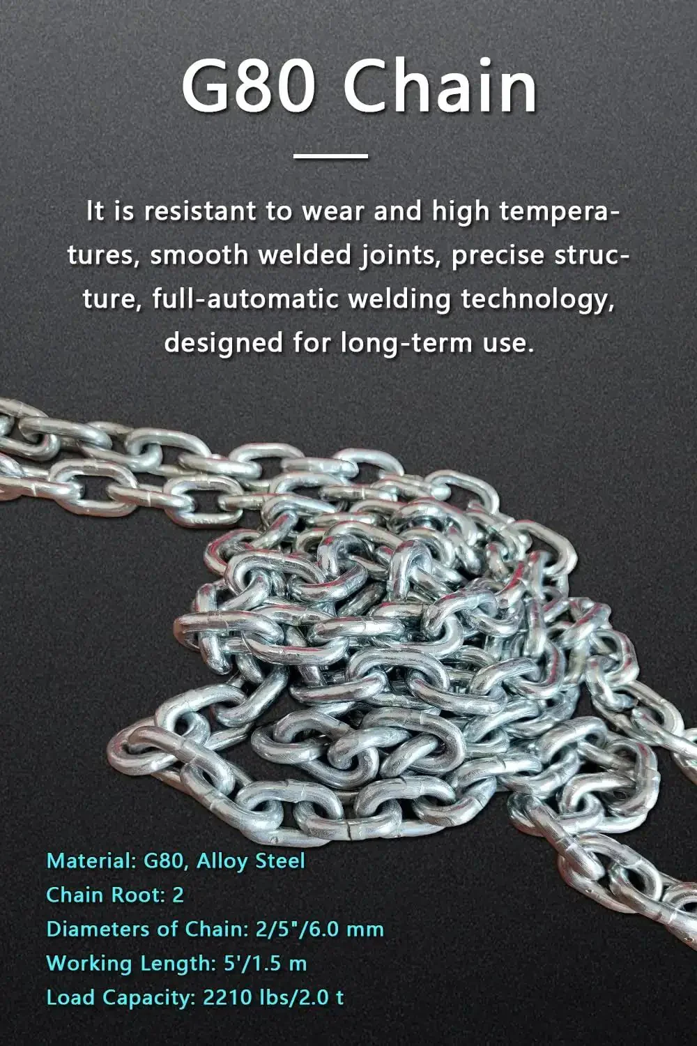 Beefy 2 Ton Grade 80 Alloy Steel Chain Sling 5 Ft Long 2 Leg With Sling Hooks And Adjustable Slings For Heavy Lifting And Hoist Applications Galvanized And Welded For Durability - Image 5