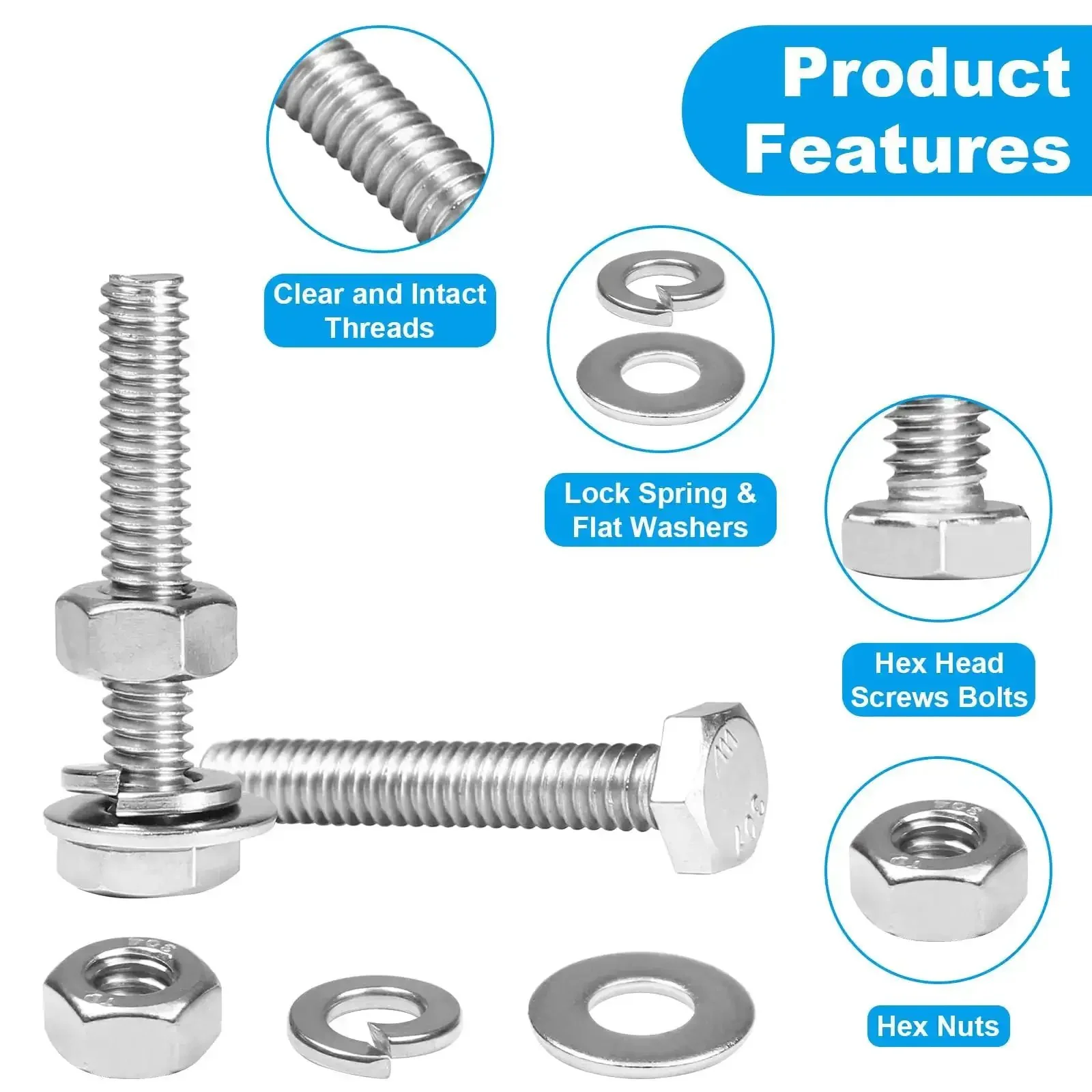 Beefy 20 Sets Heavy Duty Stainless Steel 1/4-20 X 2 Hex Head Screws Bolts Set With Nuts Flat Washers And Spring Lock Washers 304 Fully Threaded Bright Finish Hex Bolts Nuts And Bolts Assortment Kit For DIY Projects - Image 7