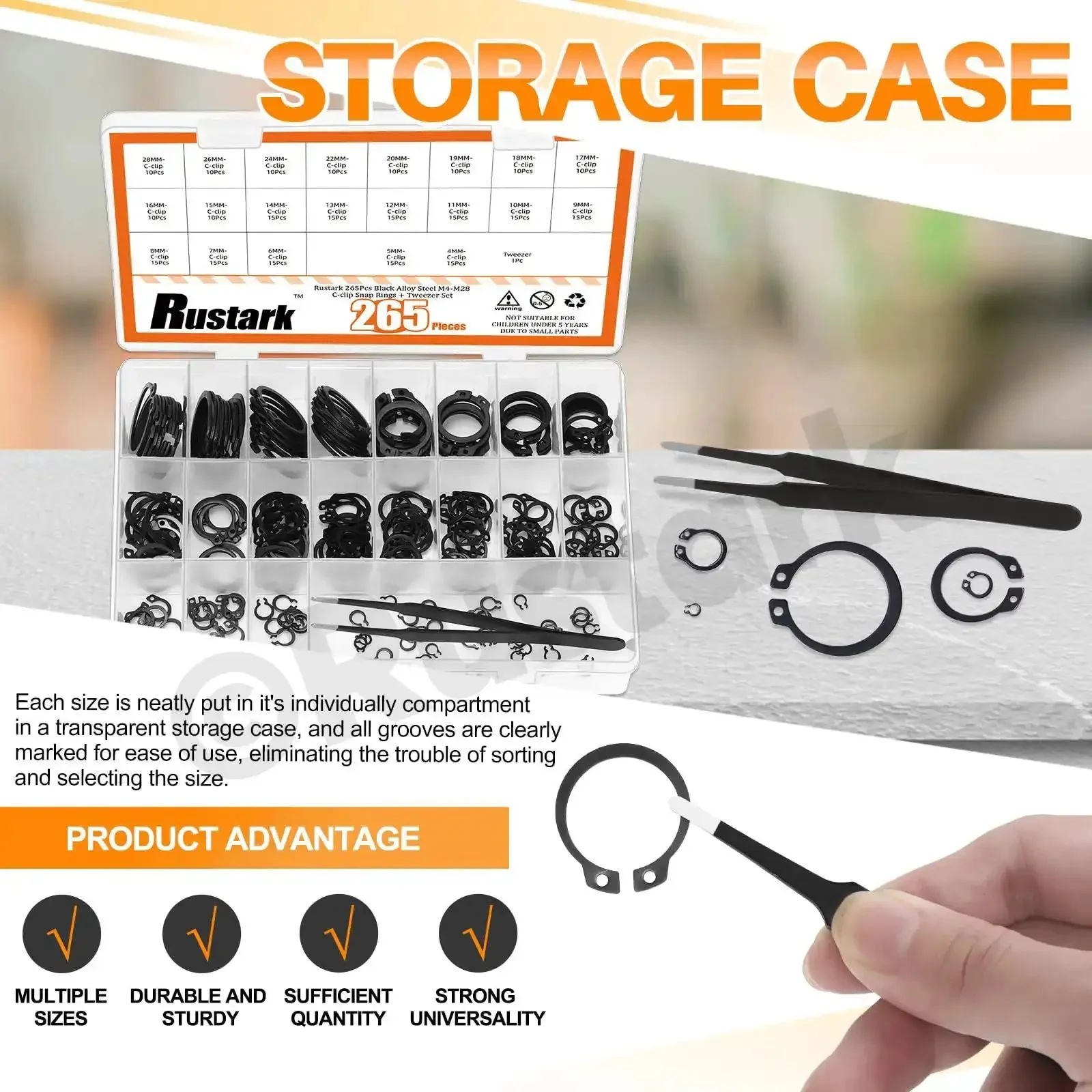 Beefy 266-Piece External Snap Rings Set Black Alloy Steel With Tweezers, 21 Sizes Circlips C Clips External Retaining Rings Kit For Axle Shaft Parts, Heavy Duty External Retaining Ring Kit For Automotive And Machinery - Image 5
