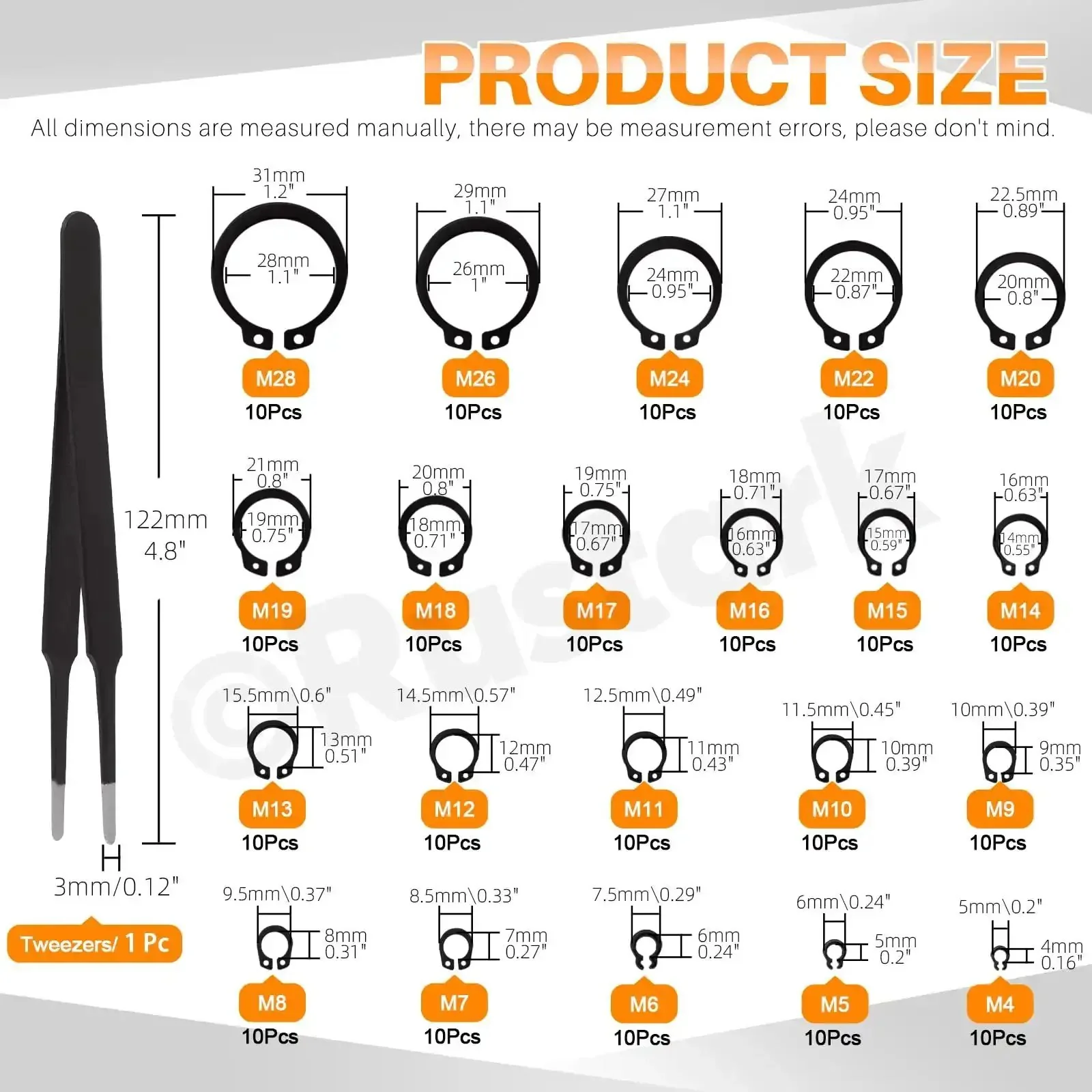 Beefy 266-Piece External Snap Rings Set Black Alloy Steel With Tweezers, 21 Sizes Circlips C Clips External Retaining Rings Kit For Axle Shaft Parts, Heavy Duty External Retaining Ring Kit For Automotive And Machinery - Image 7