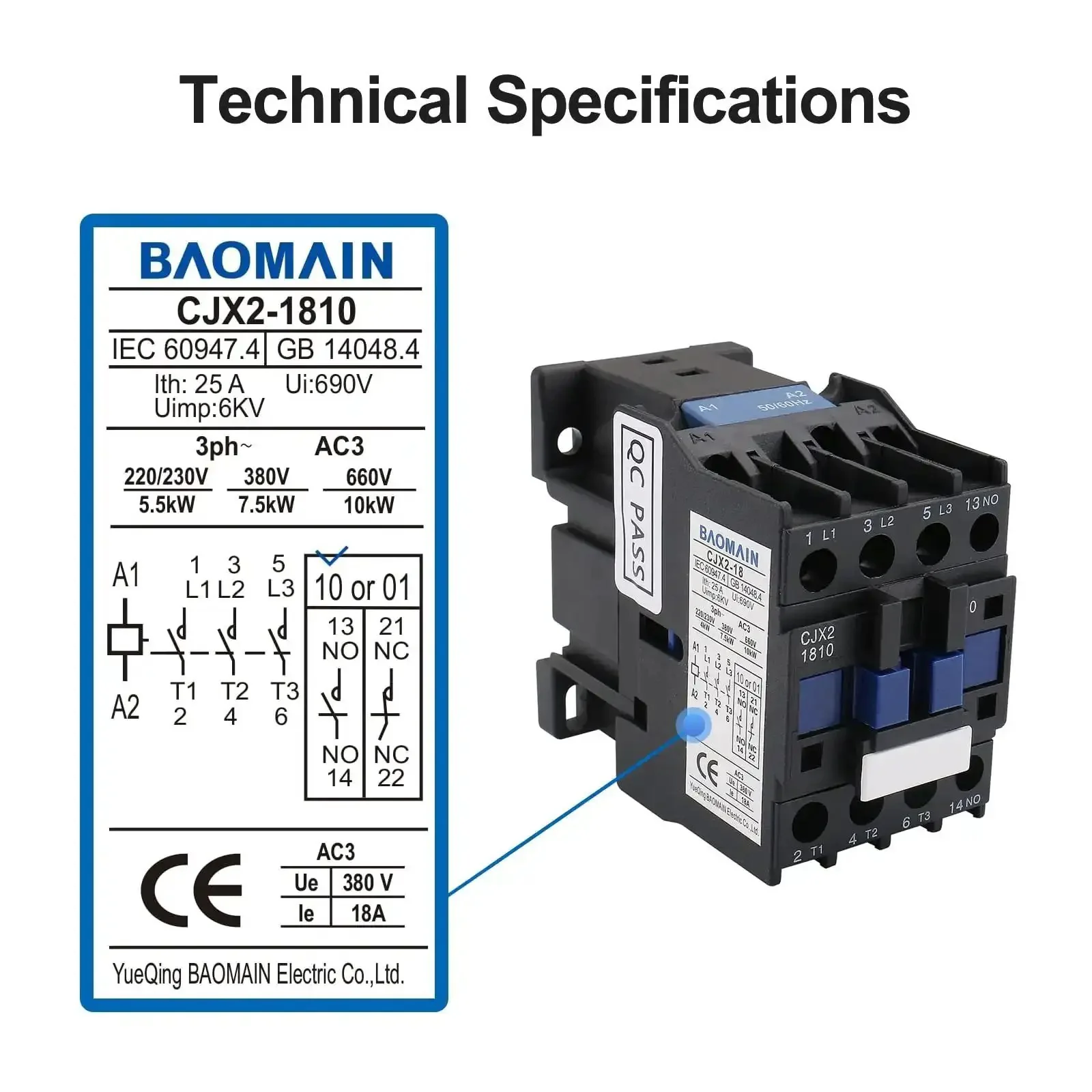 Beefy 3-Pole AC Contactor CJX2-1810 With 24VAC Coil, 3NO And 1NO Auxiliary, 660V 3-Phase, DIN Rail Mount, Built For Motor Starters, Pumps, And Industrial Control Panels, 18A - Image 9