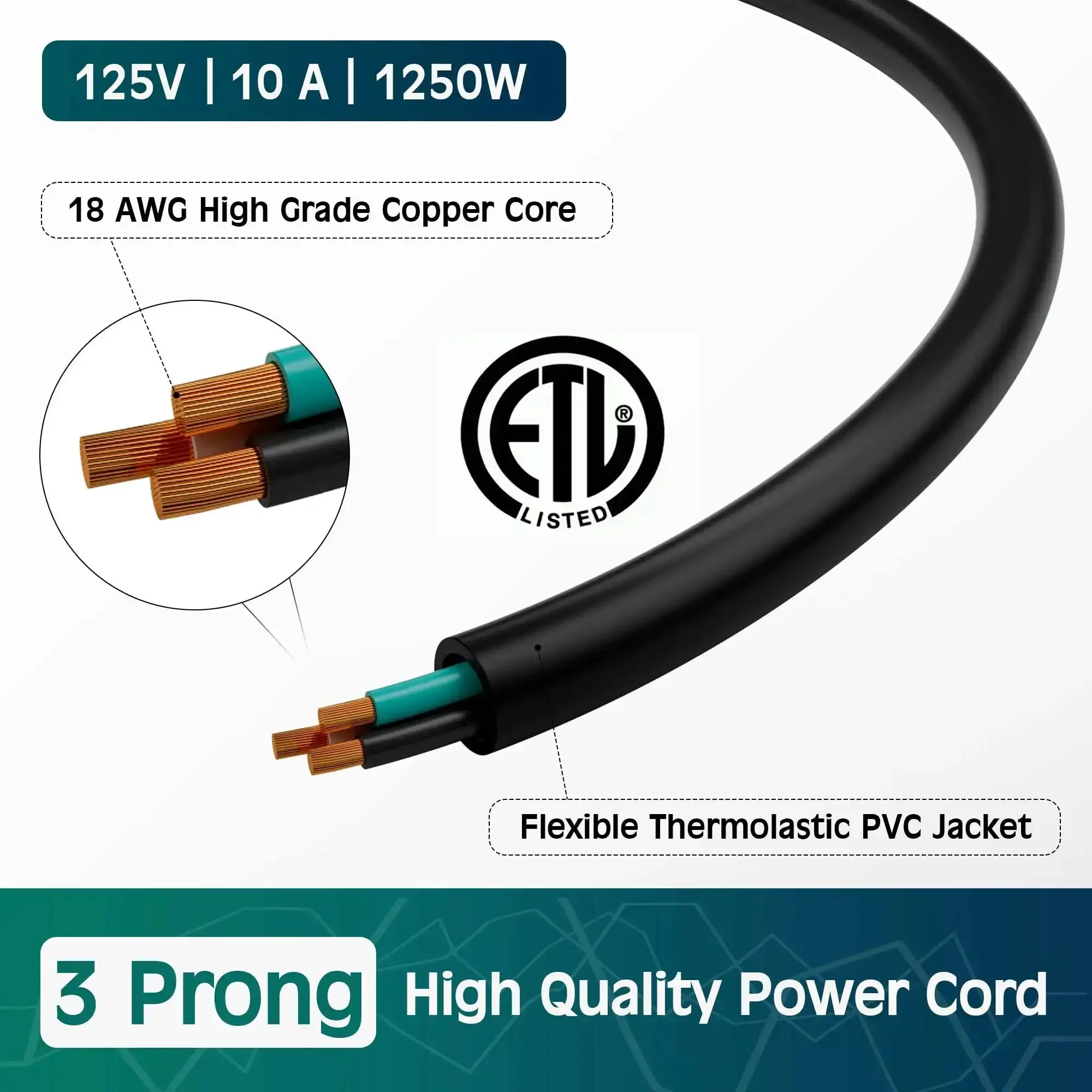 Beefy 3 Prong Replacement Power Cord 20 Ft Heatproof Flexible Durable AC Cable For Appliances Computer TV Monitor Printer 125V 10A ETL Listed 18AWG With Tie Straps - Image 5