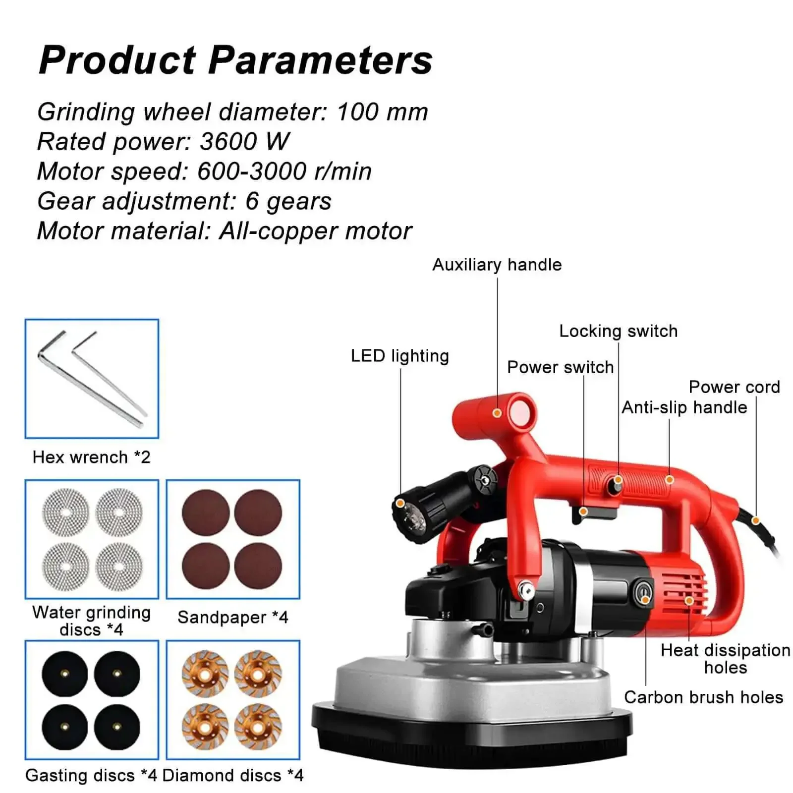 Beefy 3600W Four Head Concrete Grinder With LED Light And Full Copper Motor Electric Floor Polisher Diamond Grinding Wheel For Concrete And Wall Grinding NoRod Design - Image 2