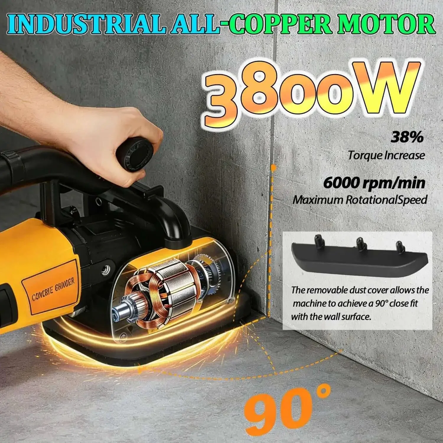 Beefy 4 Head Concrete Planer And Floor Grinder With 3800W High Torque Polisher, 4 Section Extension Rods, 6 Speed Settings, Wet And Dry Grinding, 220V Construction And Flooring Repair Tool, Dust Proof And Vacuum Ready - Image 6