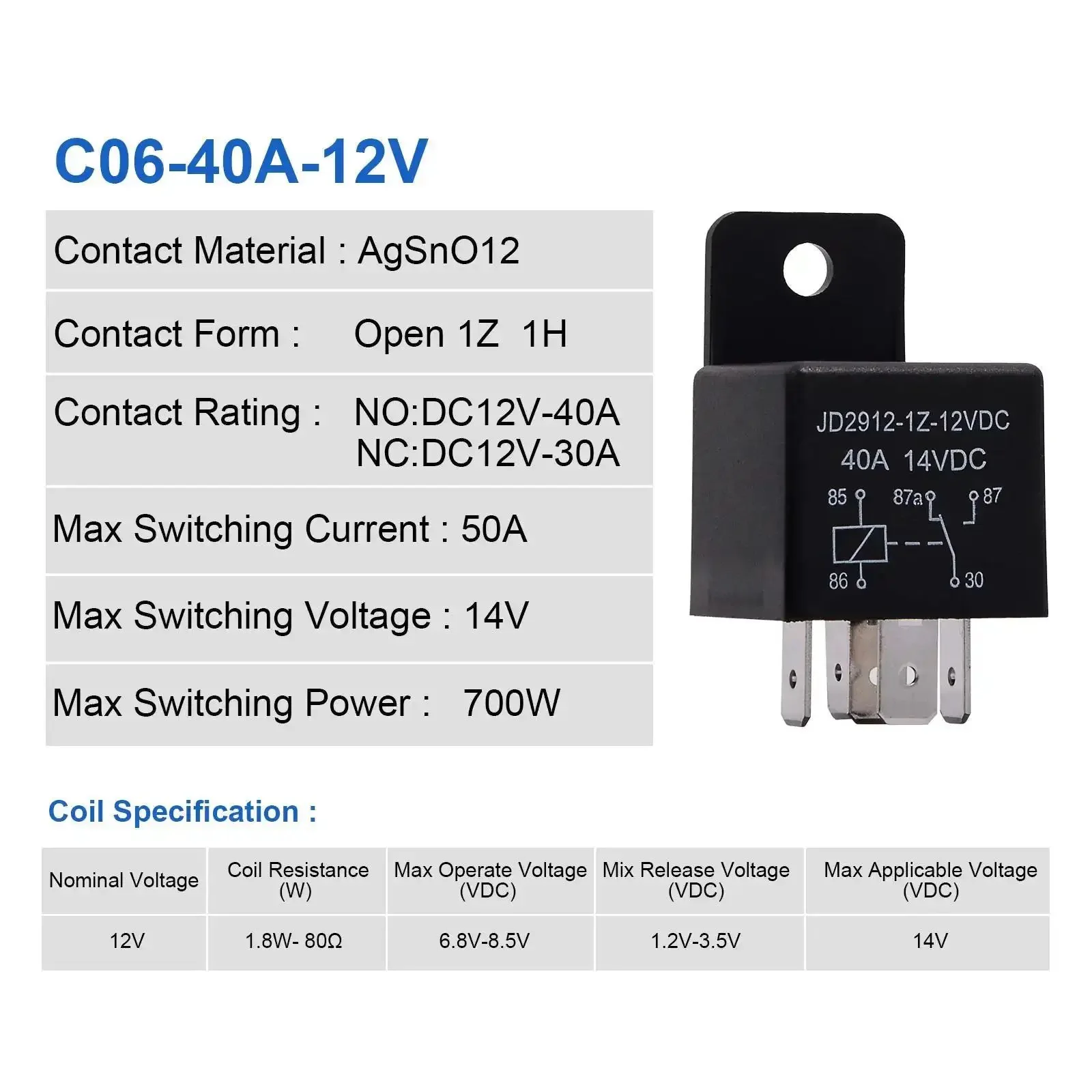 Beefy 40 Amp SPDT 5 Pin Automotive Relay 12VDC Contactor Switch Pack For Trunk Pop Up Remote Start Lighting And More 2 Pack JD2912 1Z 12VDC High Current Relay Module - Image 8