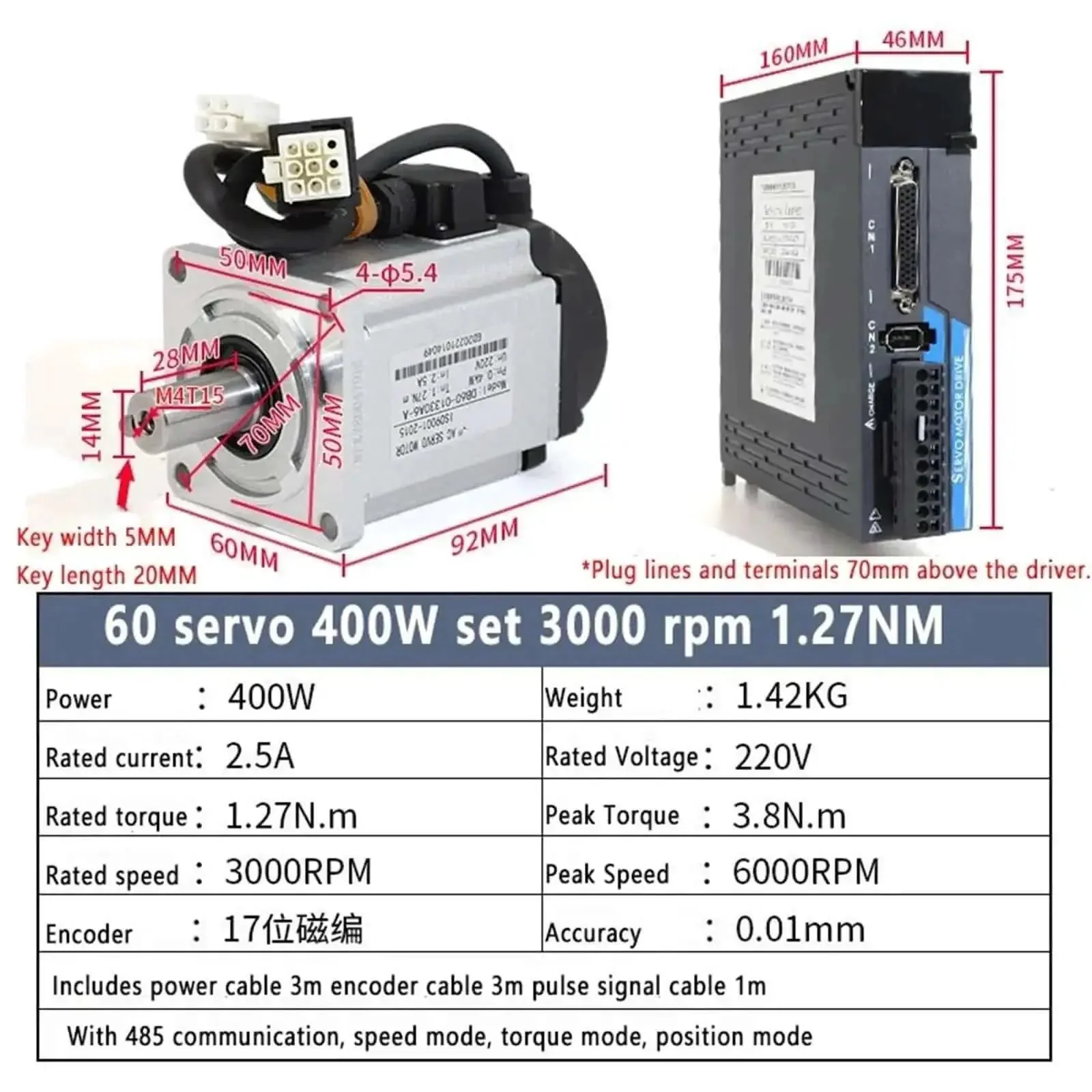 Beefy 400W AC Servo Drive Kit With 3000 RPM 60 Flange, 17 Bit Magnetic Encoder, And 3 Meter Encoder Cable, Optional 10 Meter Cable Without Brake, Plug In Ready For CNC, Robotics, And Automation Projects - Image 4