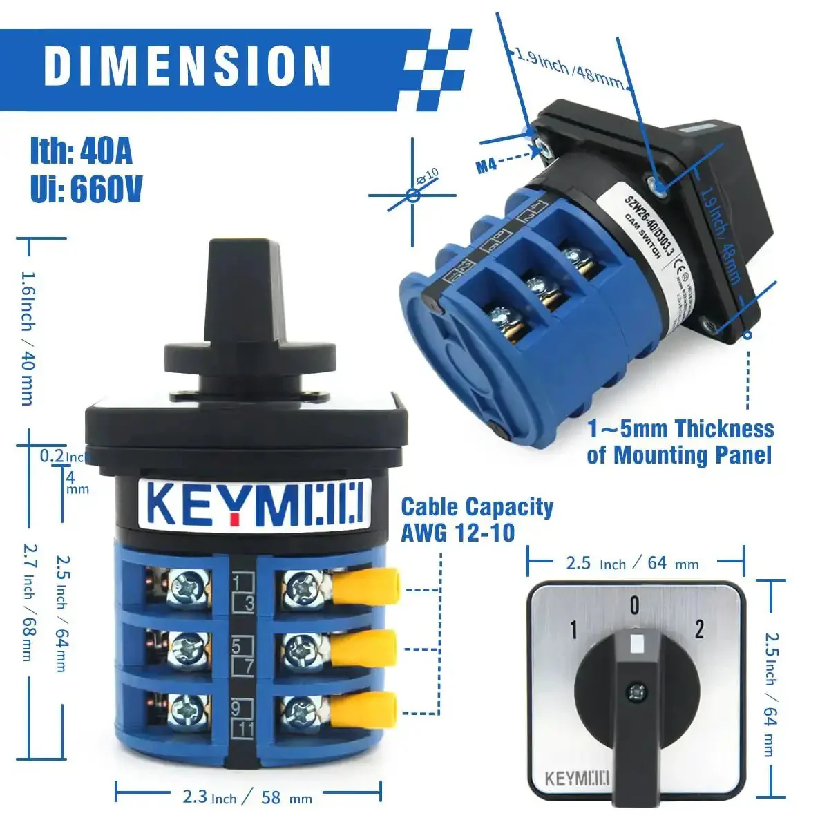 Beefy 40A Rotary Changeover Switch With Exterior Box 3 Position 3 Pole 12 Terminals IP65 Cam Box On Off On Selector For Three Phase Systems 8 AWG Wire Capacity Flame Retardant PC Housing Copper Silver Contacts - Image 2