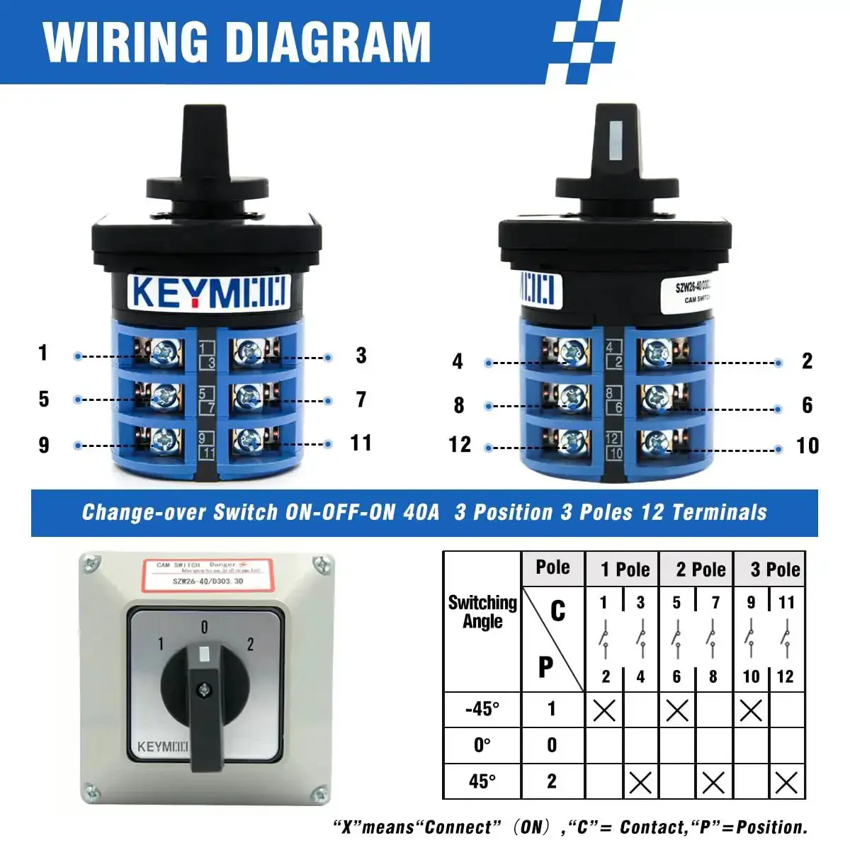 Beefy 40A Rotary Changeover Switch With Exterior Box 3 Position 3 Pole 12 Terminals IP65 Cam Box On Off On Selector For Three Phase Systems 8 AWG Wire Capacity Flame Retardant PC Housing Copper Silver Contacts - Image 6