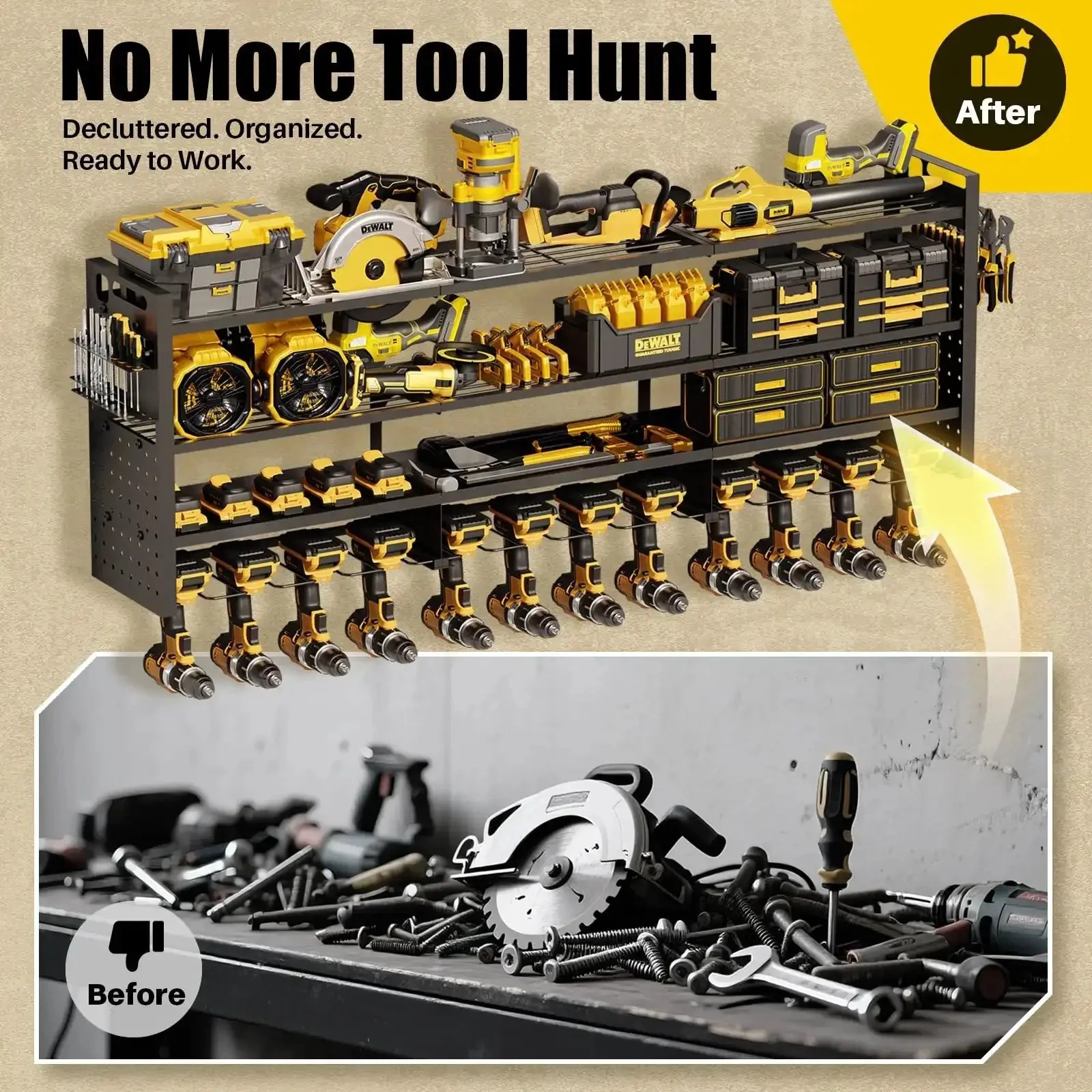 Beefy 49 Inch Wall Mount Power Tool Organizer With 620 Pound Capacity, 12 Cordless Drill Holders, Four Tier Heavy Duty Garage Shelf For Battery Storage And Workshop Organization - Image 2