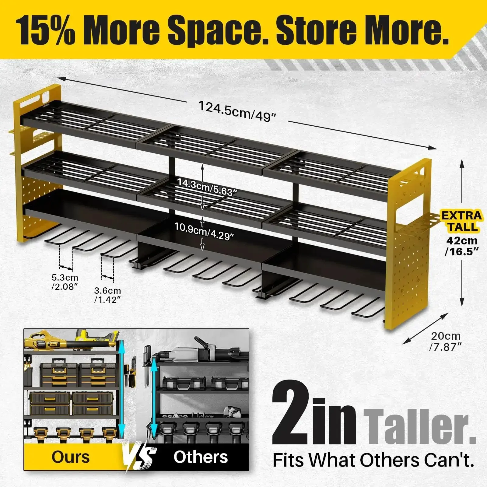 Beefy 49 Inch Wall Mount Power Tool Organizer With 620 Pound Capacity, 12 Cordless Drill Holders, Four Tier Heavy Duty Garage Shelf For Battery Storage And Workshop Organization - Image 7