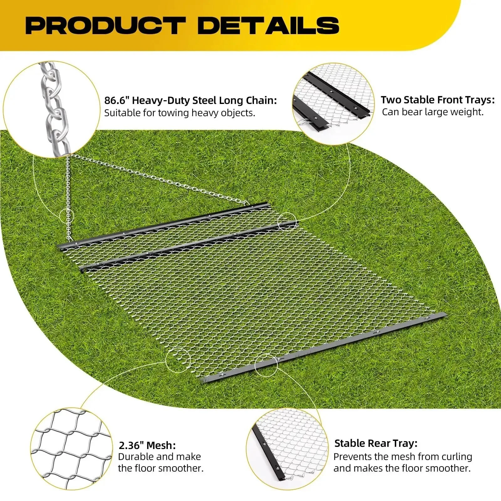 Beefy 4x5 Foot Drag Harrow For ATV And UTV With Rust Resistant Chain Field Leveler And Front And Rear Trays Heavy Duty Landscape Grading Attachment For Gravel Driveways Farm Fields Gardens - Image 5