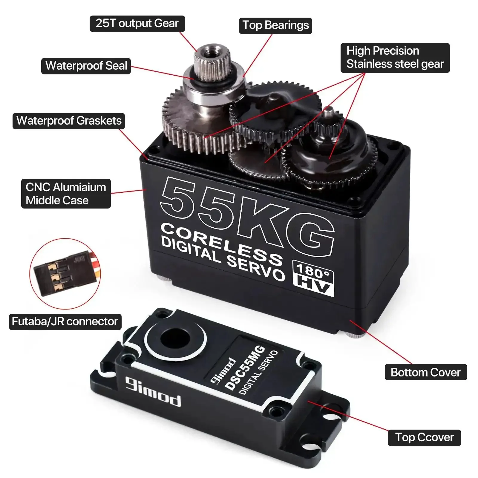 Beefy 55Kg High Torque Servo With Coreless Motor, High Speed HV 8.4V Waterproof Crawler Servo, Stainless Steel Gears, Low Profile Rc Steering For 1/8 1/10 1/12 Scale Cars And Diy Robots, 180 Degree Action - Image 4