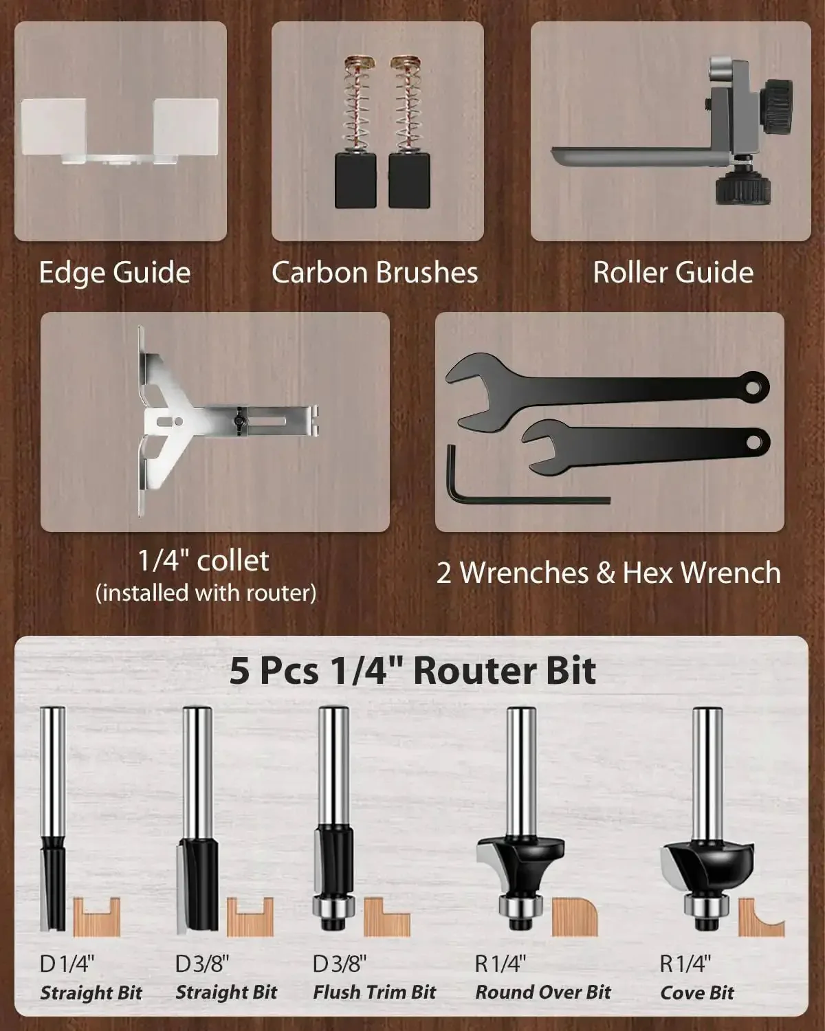 Beefy 630W Wood Router Tool With Fixed Base, Compact Design, 35000 RPM, One Quarter Inch Collet, Includes Five Trim Bits, Straight And Roller Guide, Two Wrenches And Carbon Brushes For Woodworking - Image 2