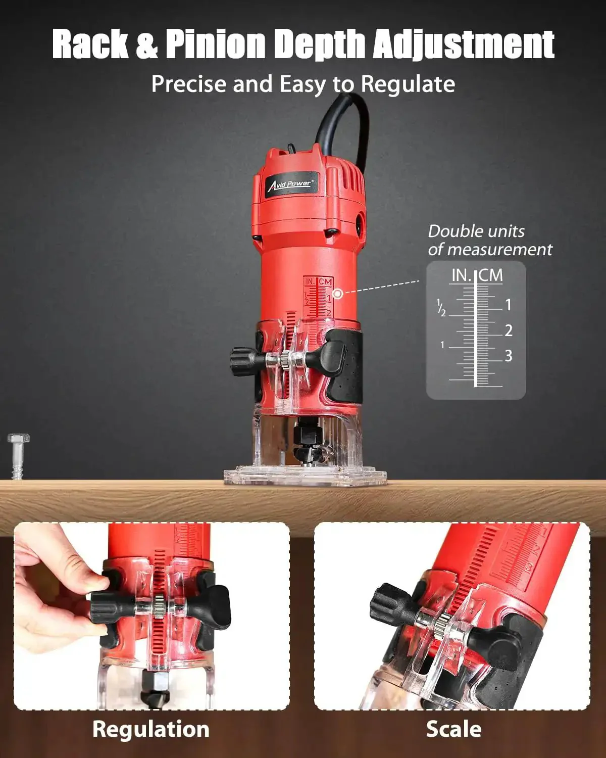 Beefy 630W Wood Router Tool With Fixed Base, Compact Design, 35000 RPM, One Quarter Inch Collet, Includes Five Trim Bits, Straight And Roller Guide, Two Wrenches And Carbon Brushes For Woodworking - Image 4