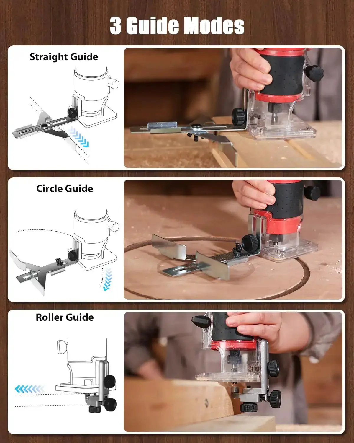 Beefy 630W Wood Router Tool With Fixed Base, Compact Design, 35000 RPM, One Quarter Inch Collet, Includes Five Trim Bits, Straight And Roller Guide, Two Wrenches And Carbon Brushes For Woodworking - Image 5