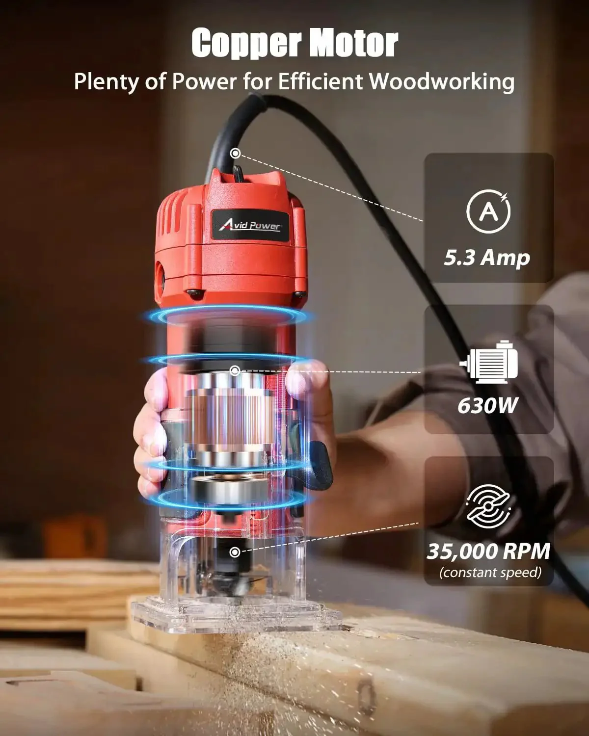 Beefy 630W Wood Router Tool With Fixed Base, Compact Design, 35000 RPM, One Quarter Inch Collet, Includes Five Trim Bits, Straight And Roller Guide, Two Wrenches And Carbon Brushes For Woodworking - Image 9