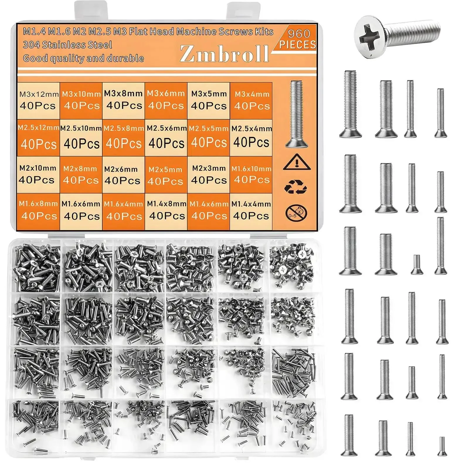 Beefy 960 Piece Laptop Screws Set In 304 Stainless Steel Flat Head Countersunk Machine Screws For SSD Drives M1.4 M1.6 M2 M2.5 M3 Full Thread Small Fasteners Kit