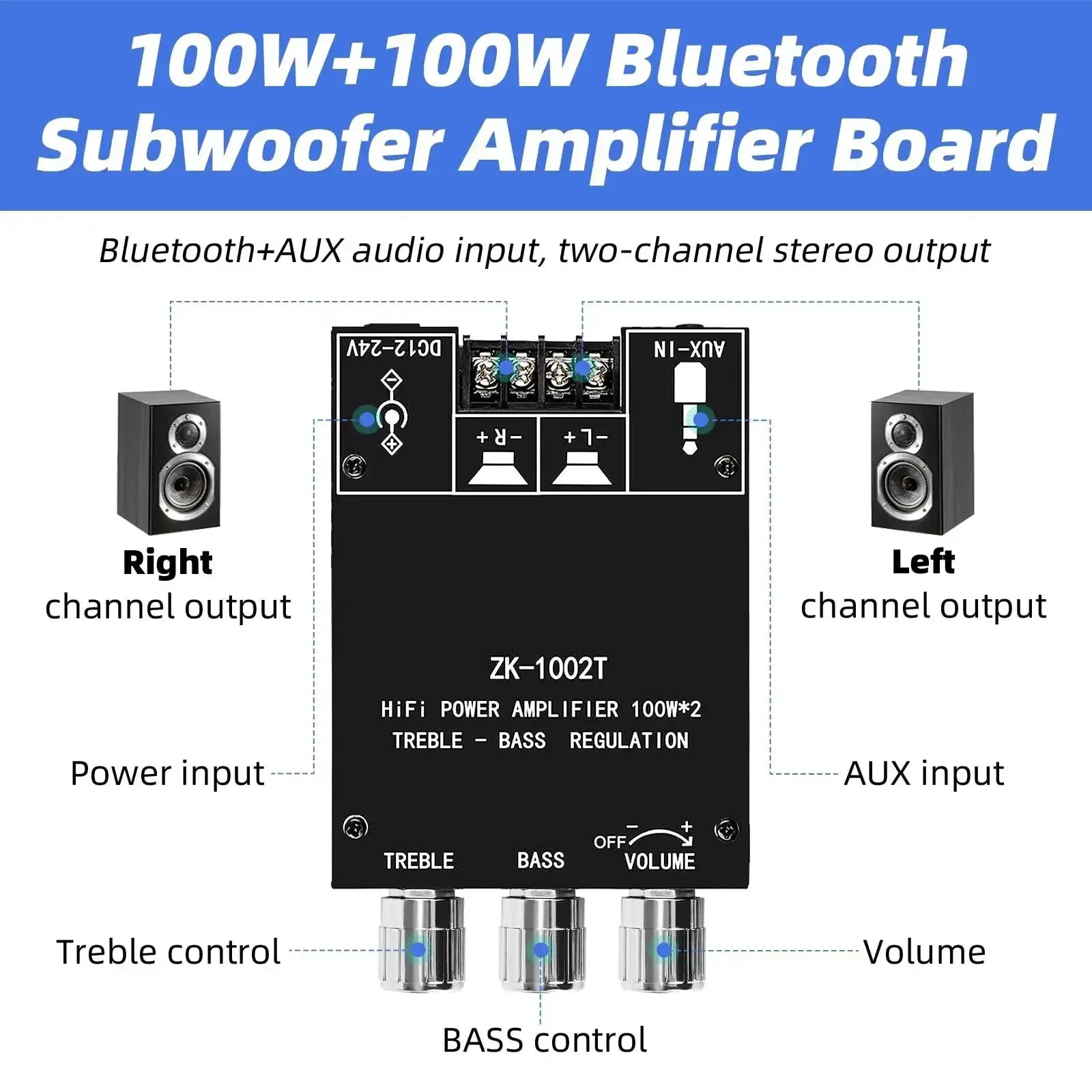 Beefy Bluetooth 5.0 HiFi Stereo Amplifier Board With 100W Per Channel Subwoofer Ready Treble And Bass Control AUX Input DC 12V to 24V Ideal DIY Speaker Upgrade And Home Audio System - Image 5