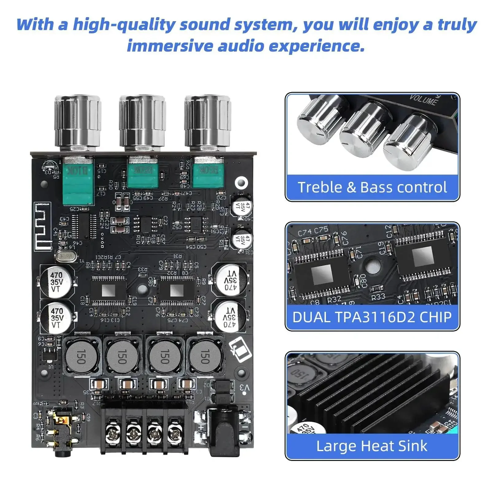 Beefy Bluetooth 5.0 HiFi Stereo Amplifier Board With 100W Per Channel Subwoofer Ready Treble And Bass Control AUX Input DC 12V to 24V Ideal DIY Speaker Upgrade And Home Audio System - Image 7