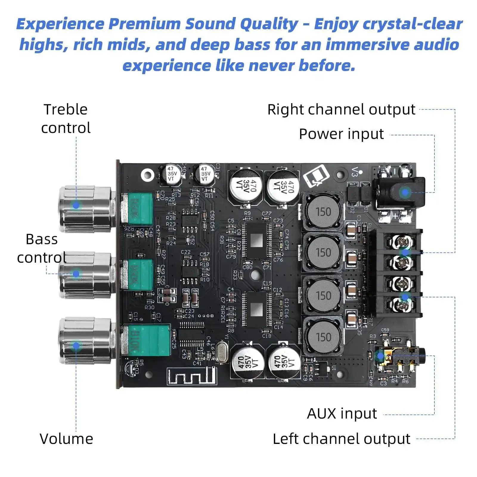 Beefy Bluetooth 5.0 HiFi Stereo Amplifier Board With 100W Per Channel Subwoofer Ready Treble And Bass Control AUX Input DC 12V to 24V Ideal DIY Speaker Upgrade And Home Audio System - Image 8