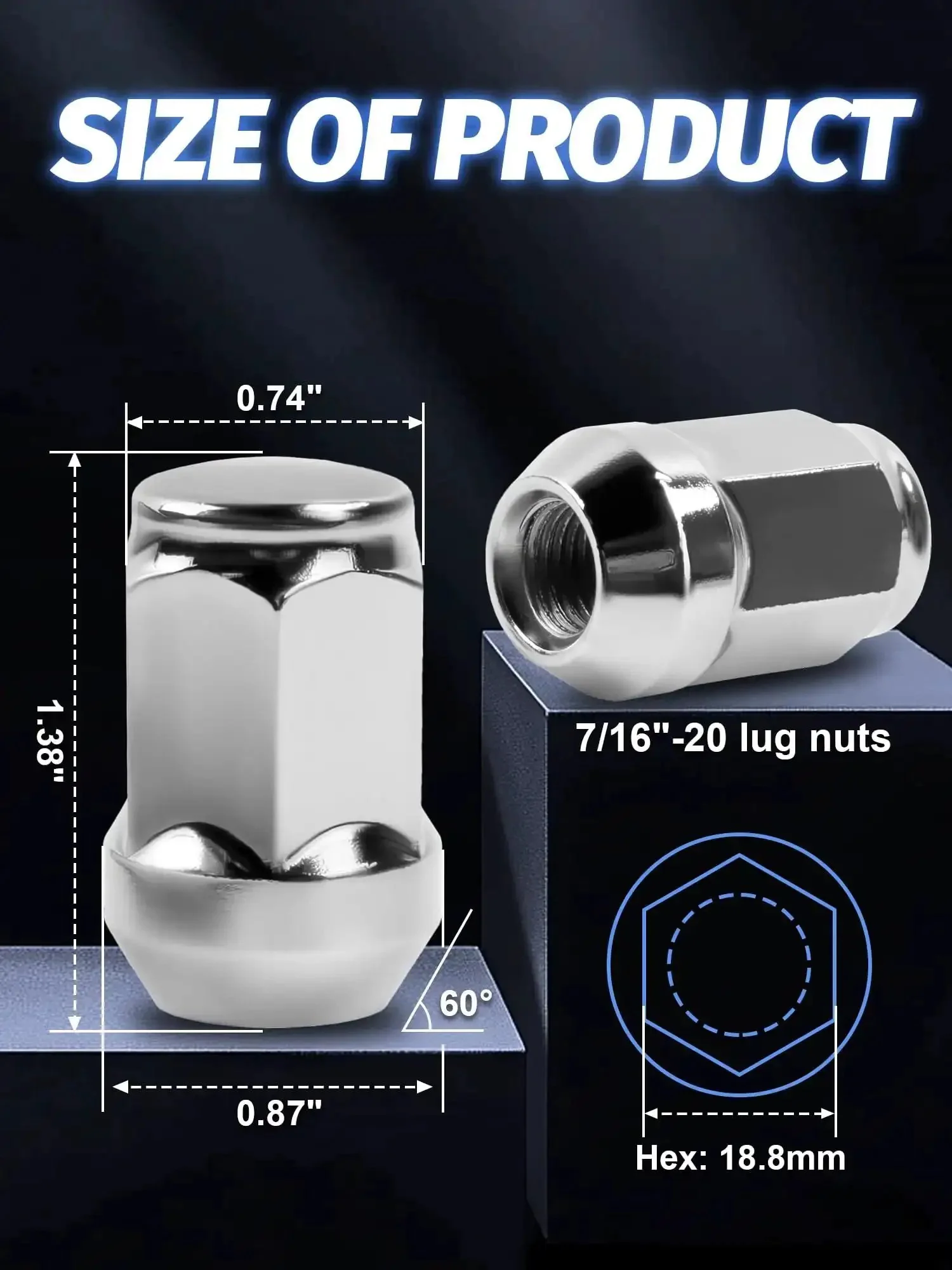 Beefy Chrome Closed End Lug Nuts 24 Pieces 7/16-20 Wheel Nuts 60 Degree Seat 1.38 Inch Length For Chevy Blazer K5 K10 K1500 Durable One Piece Cold Forged Steel - Image 7