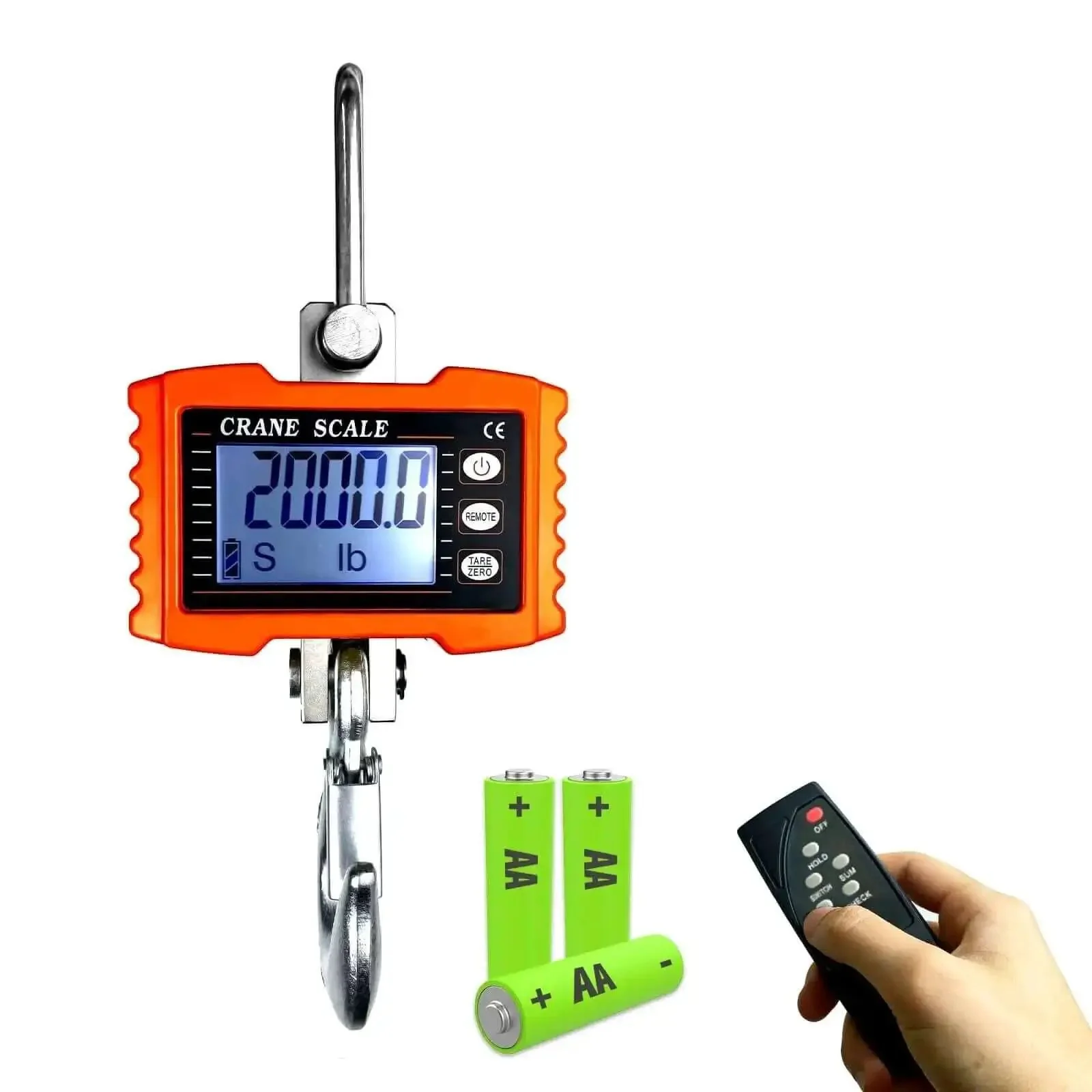 Beefy Digital Crane Scale With 1000 Kg Capacity 2200 Lb High Precision 0.2 Kg Increments Aluminum Case Remote Control CE Certified Industrial Hanging Scale For Garage Farm And Hunting Orange